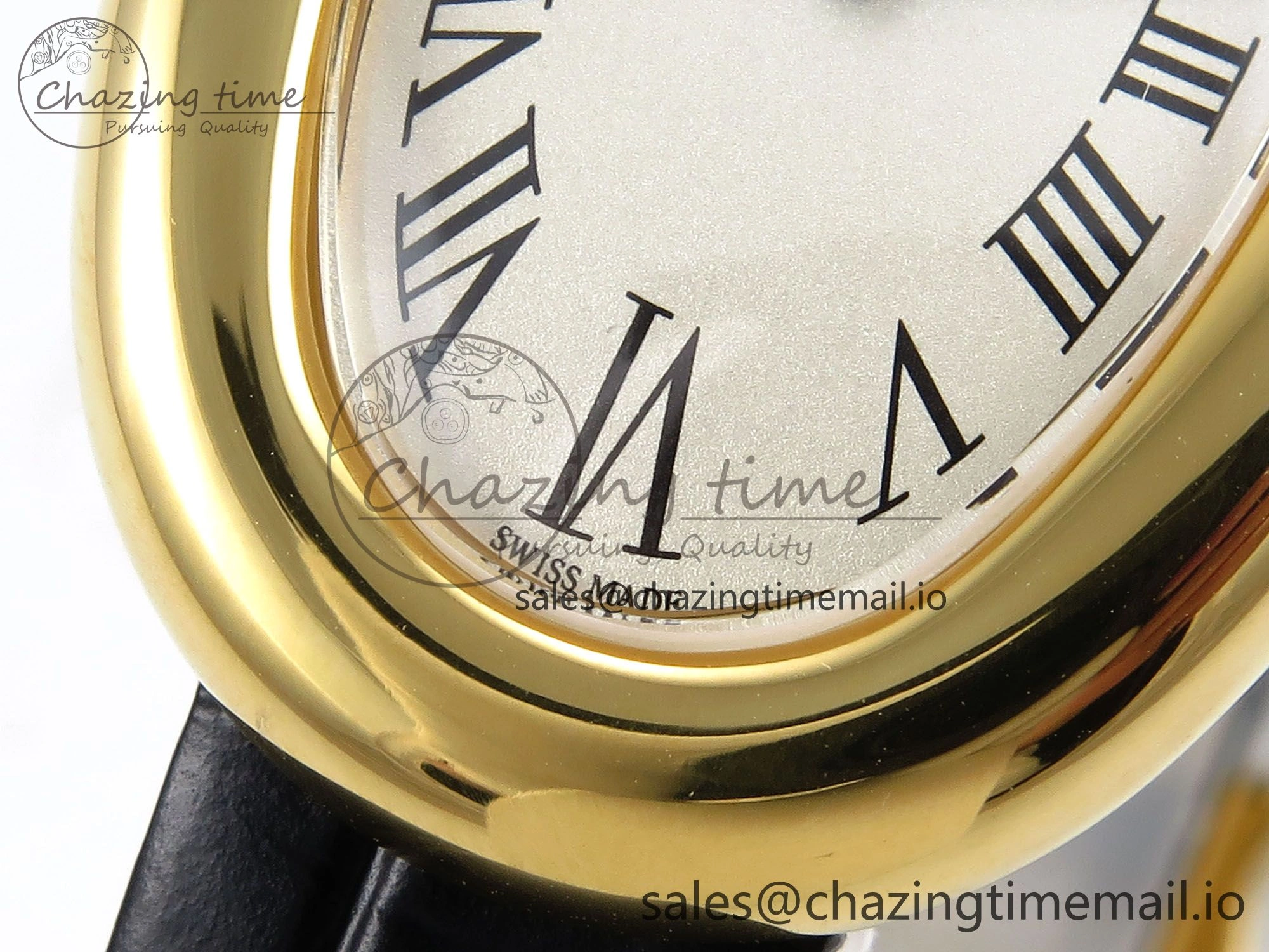 Lightweight Baignoire De Cartier YG AF 1:1 Best Edition Silver Dial on Black Leather Strap Ronda Quartz 5865