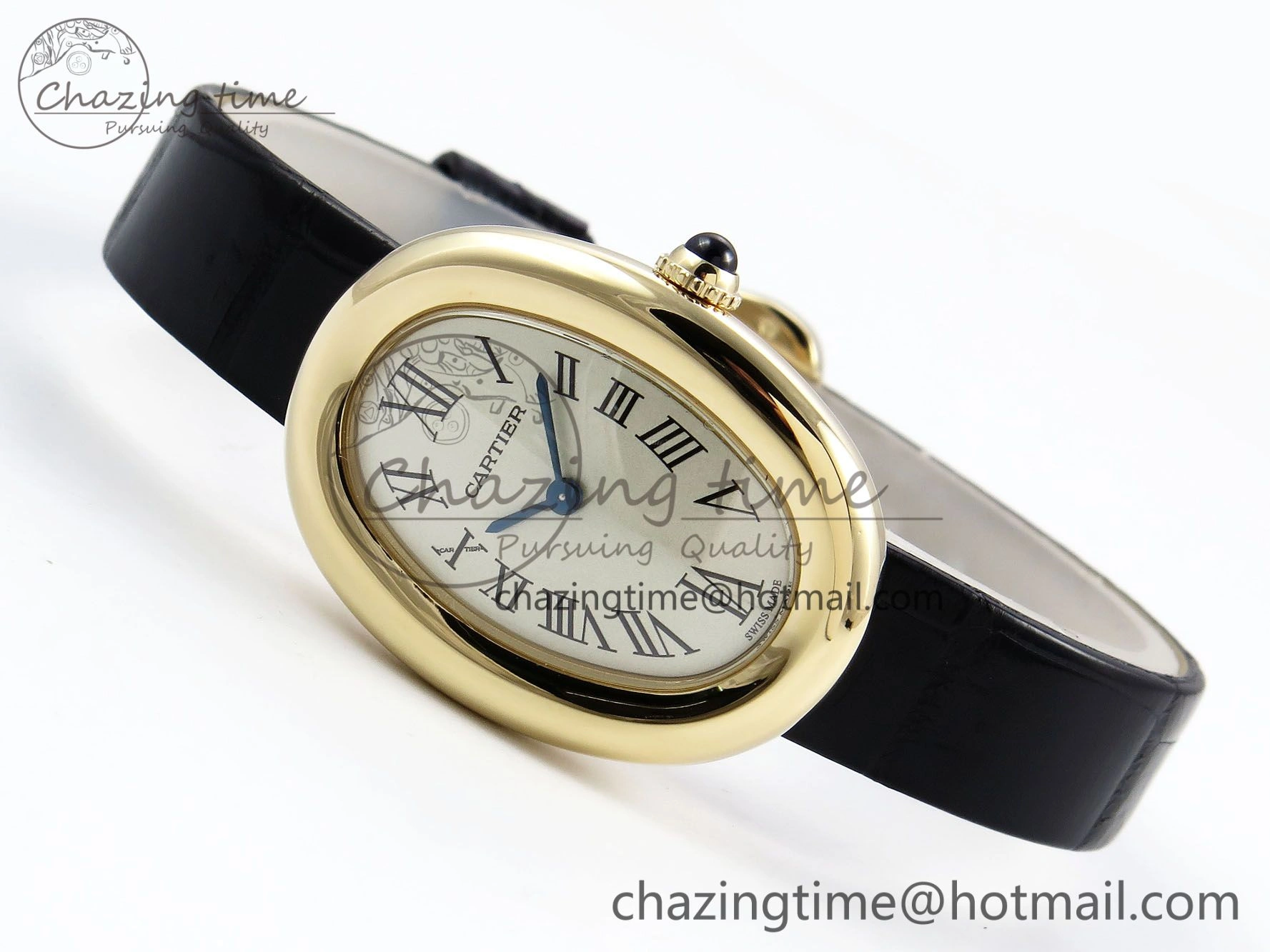 Popular Baignoire De Cartier YG DRF 1:1 Best Edition Silver Dial on Black Leather Strap Swiss Quartz 5963