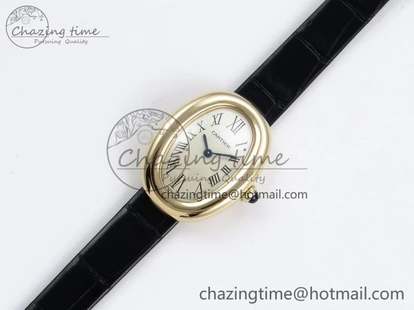 Popular Baignoire De Cartier YG DRF 1:1 Best Edition Silver Dial on Black Leather Strap Swiss Quartz 5963