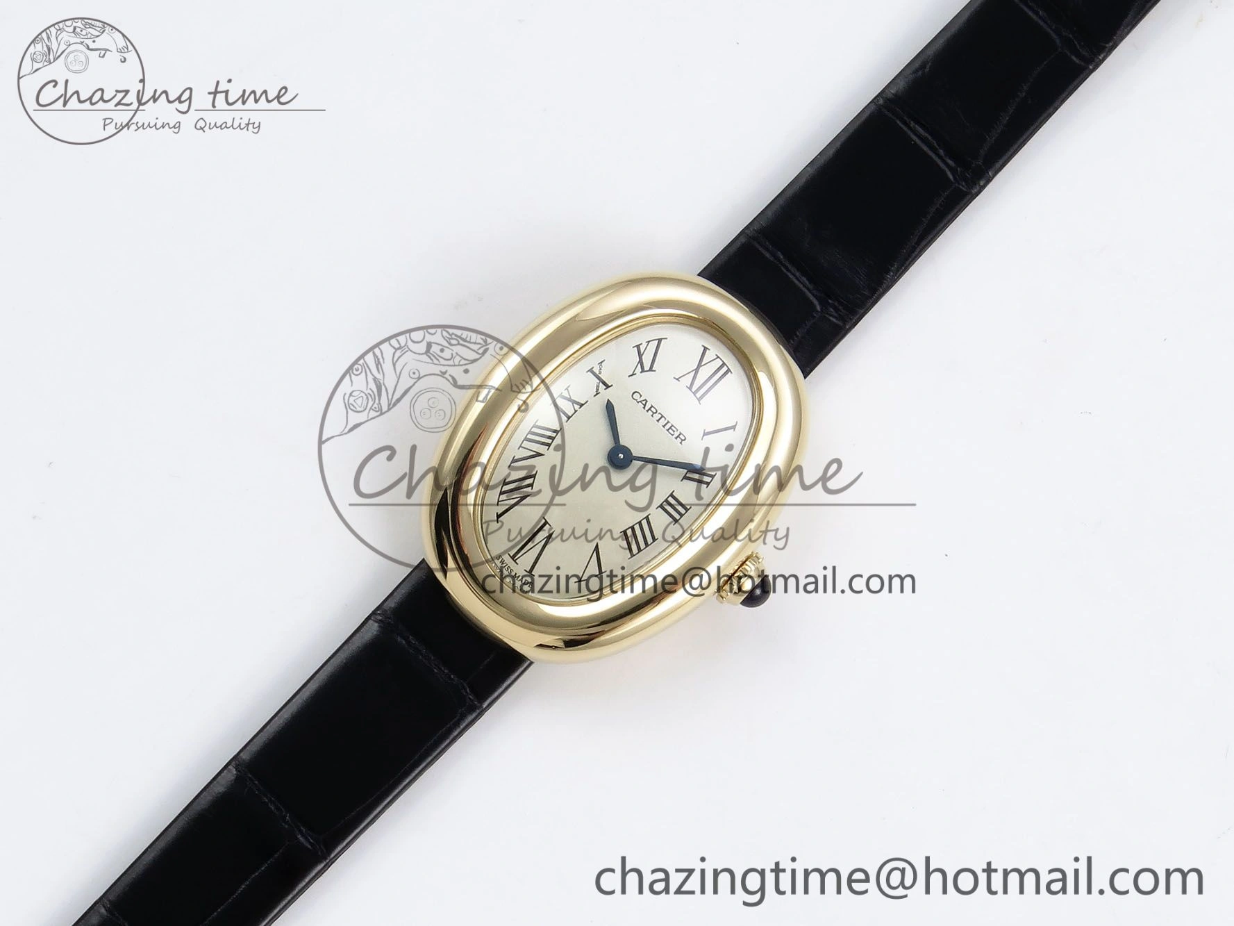 Popular Baignoire De Cartier YG DRF 1:1 Best Edition Silver Dial on Black Leather Strap Swiss Quartz 5963