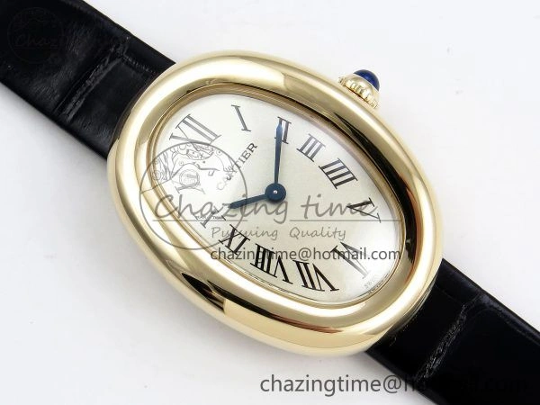 Popular Baignoire De Cartier YG DRF 1:1 Best Edition Silver Dial on Black Leather Strap Swiss Quartz 5963