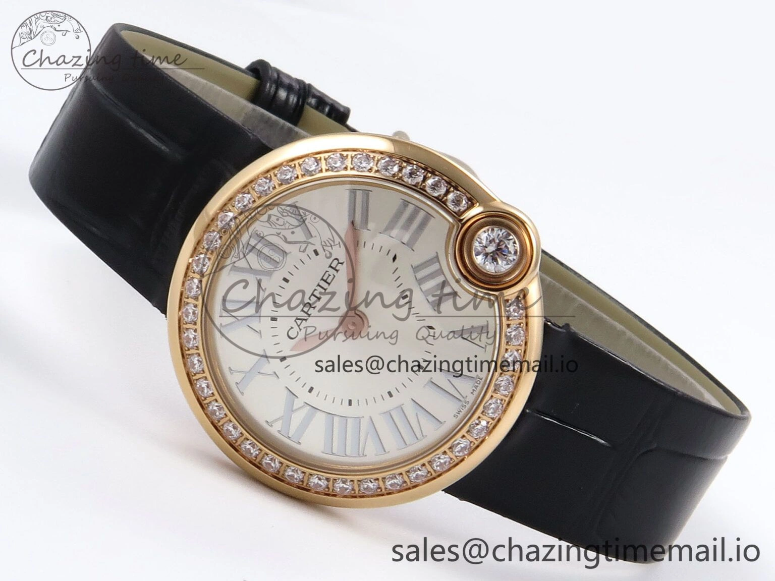 HighPerformance Ballon Blanc De Cartier 30mm RG AF 1:1 Best Edition Silvered Dial Diamonds Bezel on Black Leather Strap Ronda Quartz 5857
