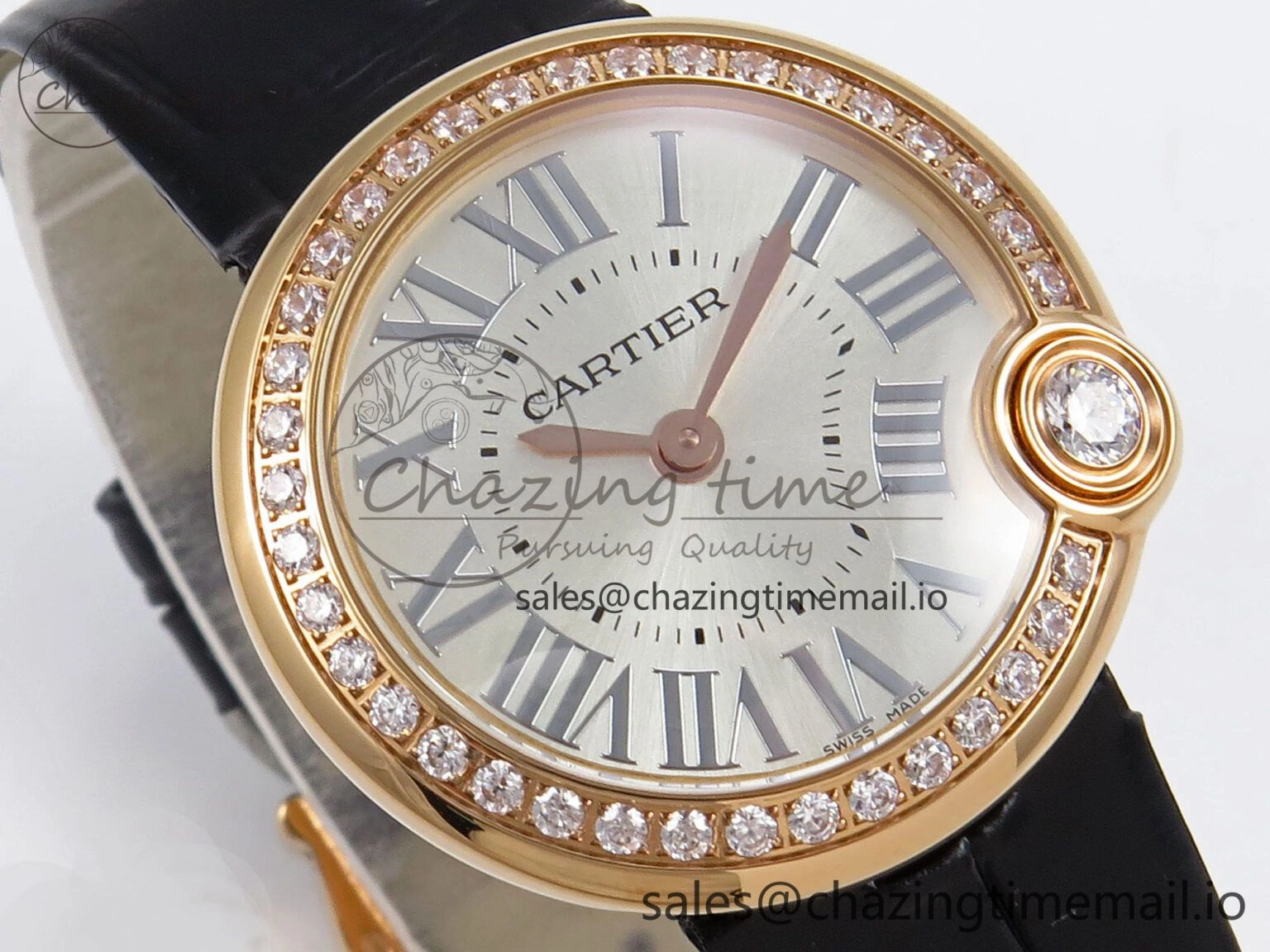 HighPerformance Ballon Blanc De Cartier 30mm RG AF 1:1 Best Edition Silvered Dial Diamonds Bezel on Black Leather Strap Ronda Quartz 5857