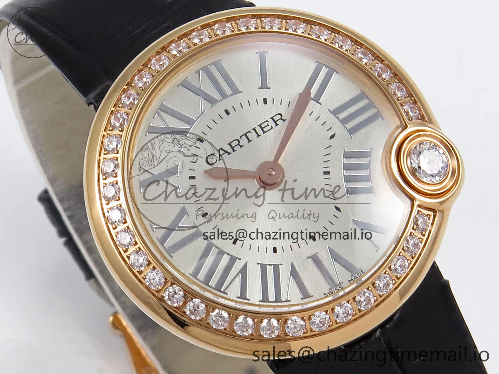 HighPerformance Ballon Blanc De Cartier 30mm RG AF 1:1 Best Edition Silvered Dial Diamonds Bezel on Black Leather Strap Ronda Quartz 5857