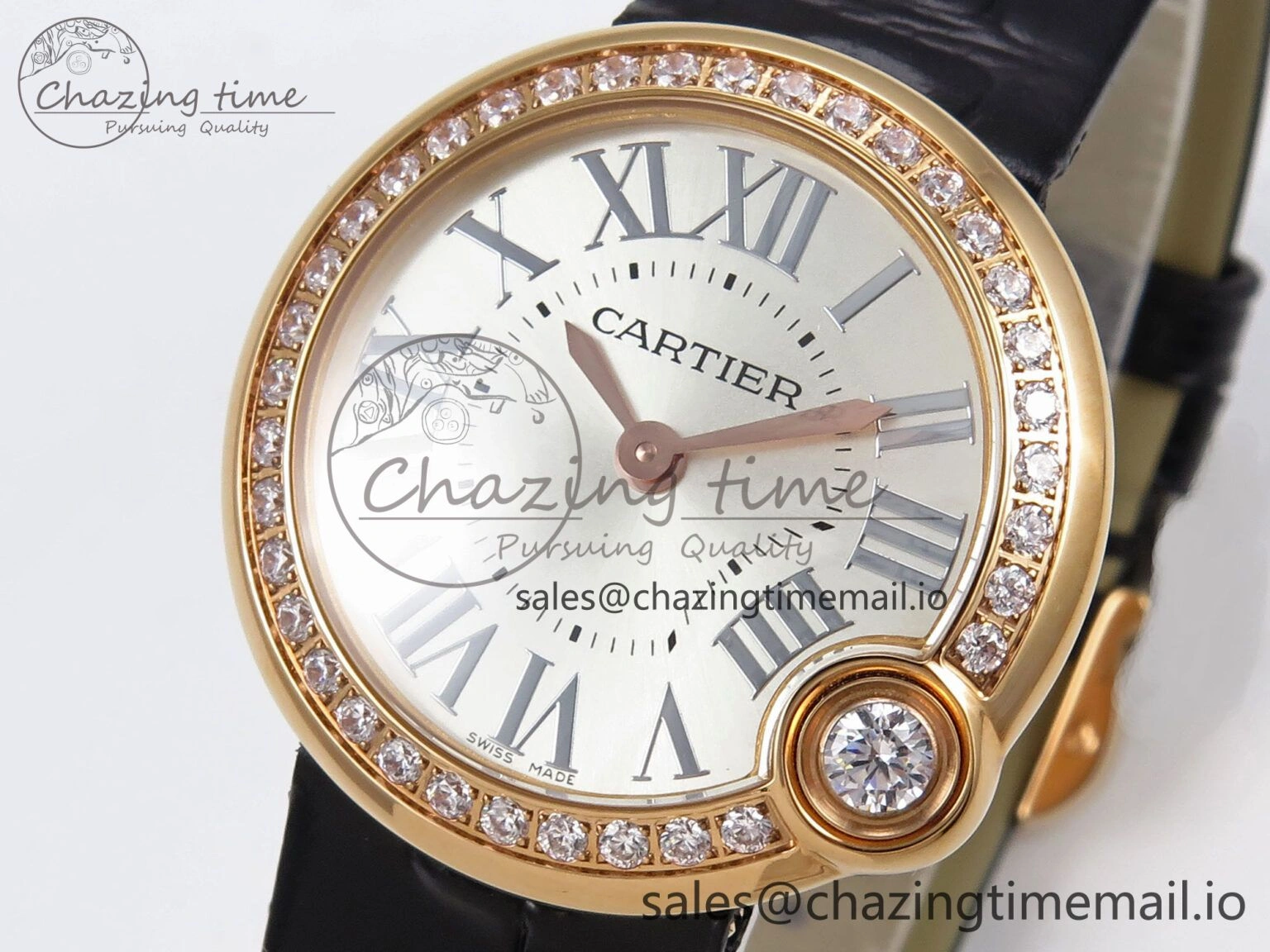 HighPerformance Ballon Blanc De Cartier 30mm RG AF 1:1 Best Edition Silvered Dial Diamonds Bezel on Black Leather Strap Ronda Quartz 5857