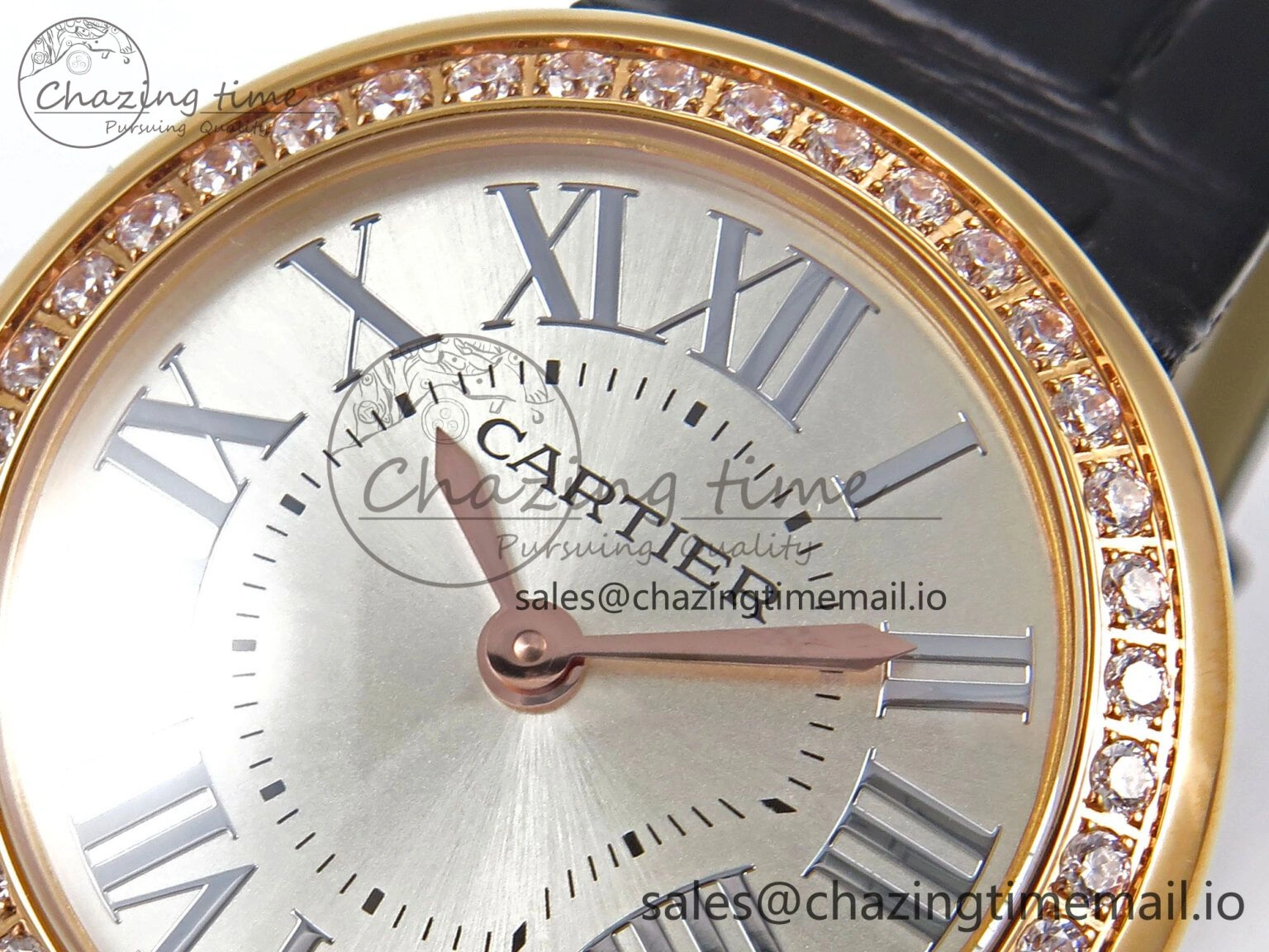 HighPerformance Ballon Blanc De Cartier 30mm RG AF 1:1 Best Edition Silvered Dial Diamonds Bezel on Black Leather Strap Ronda Quartz 5857