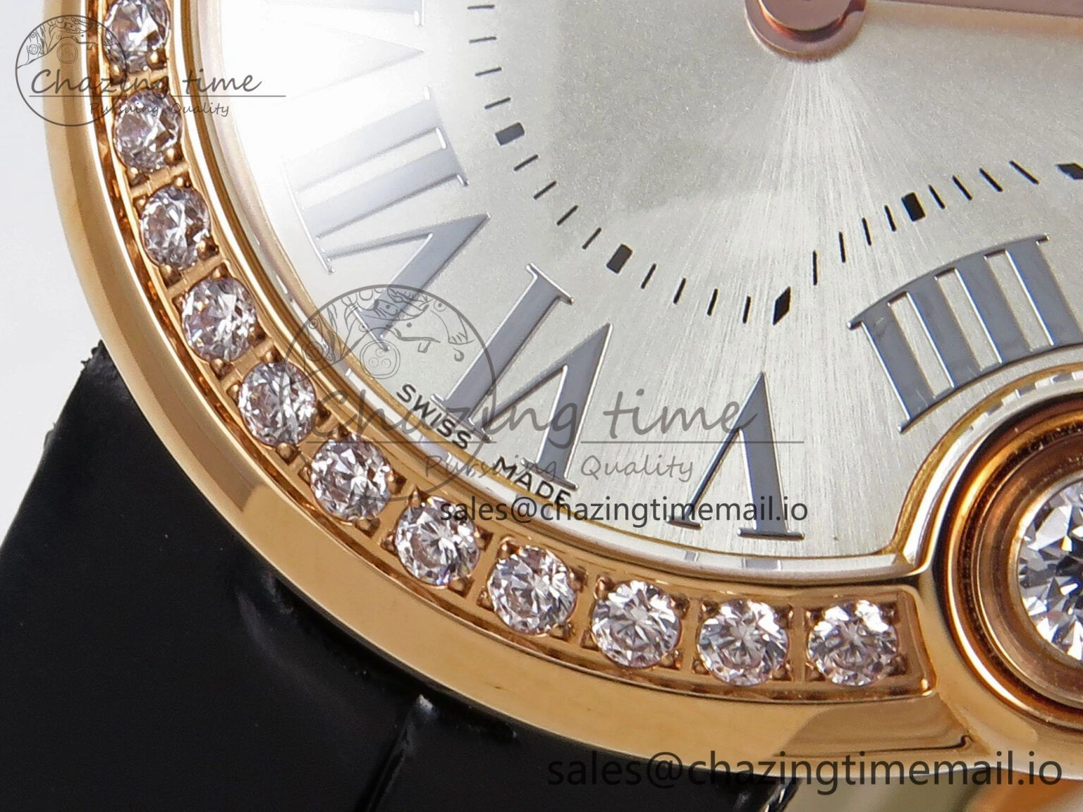 HighPerformance Ballon Blanc De Cartier 30mm RG AF 1:1 Best Edition Silvered Dial Diamonds Bezel on Black Leather Strap Ronda Quartz 5857