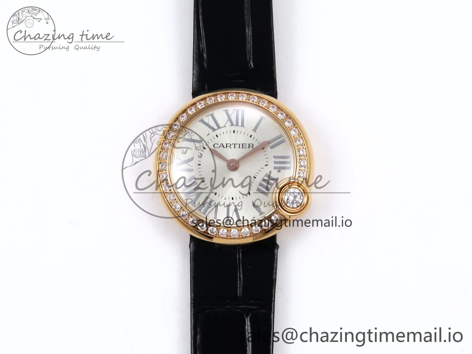 HighPerformance Ballon Blanc De Cartier 30mm RG AF 1:1 Best Edition Silvered Dial Diamonds Bezel on Black Leather Strap Ronda Quartz 5857