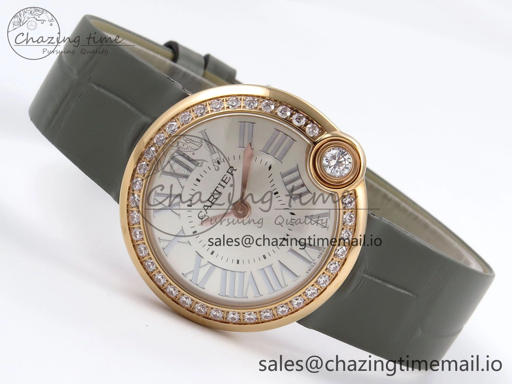 Ballon Blanc De Cartier 30mm RG AF 1:1 Best Edition Silvered Dial Diamonds Bezel on Green Leather Strap Ronda Quartz Versatile 5860