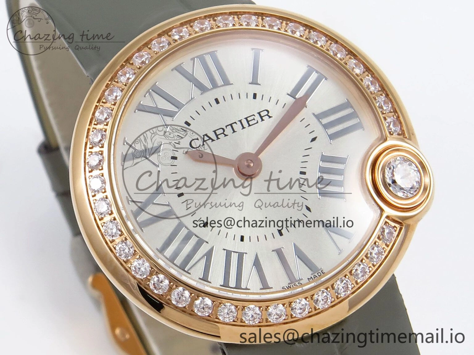 Ballon Blanc De Cartier 30mm RG AF 1:1 Best Edition Silvered Dial Diamonds Bezel on Green Leather Strap Ronda Quartz Versatile 5860