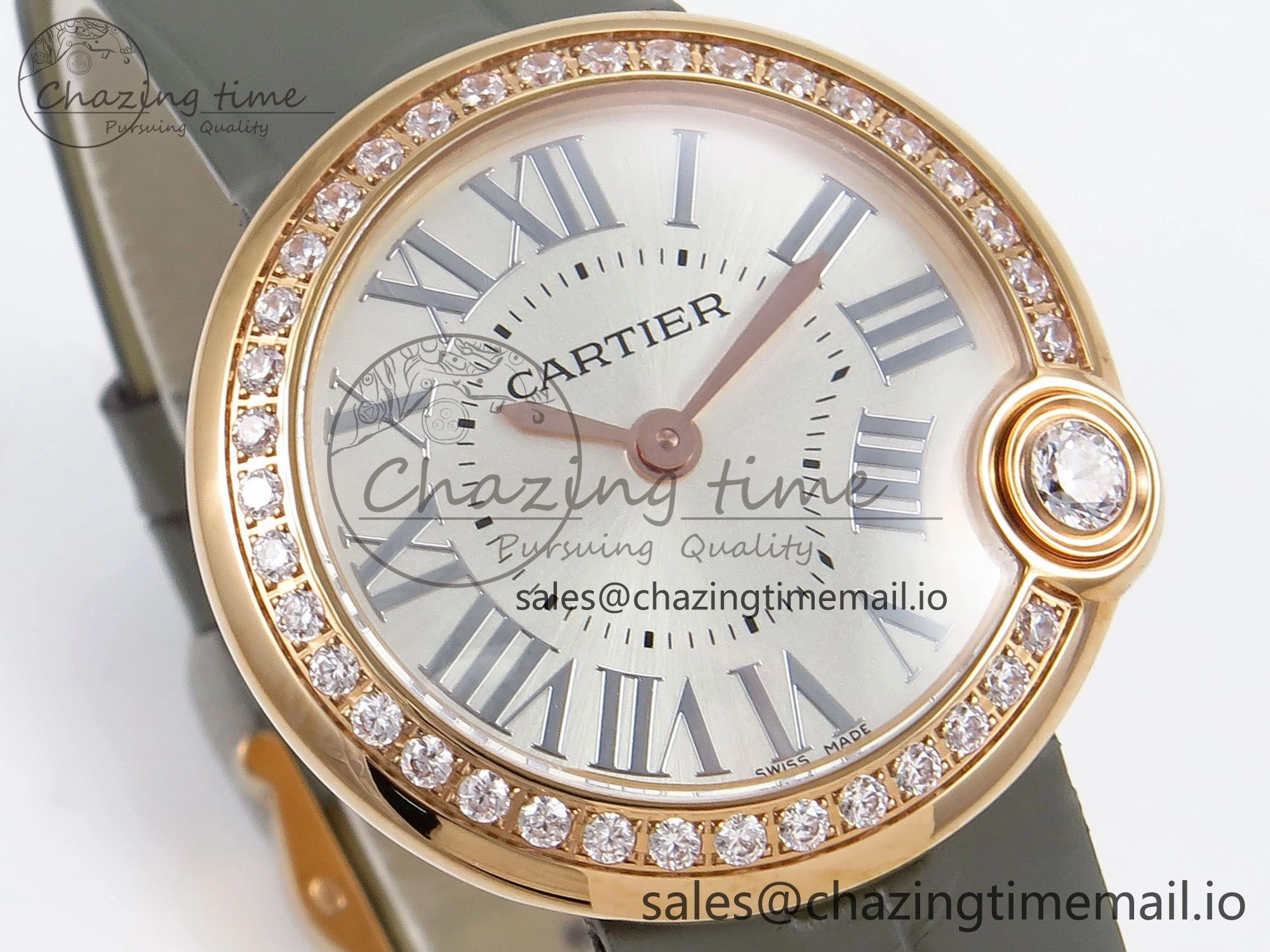 Ballon Blanc De Cartier 30mm RG AF 1:1 Best Edition Silvered Dial Diamonds Bezel on Green Leather Strap Ronda Quartz Versatile 5860