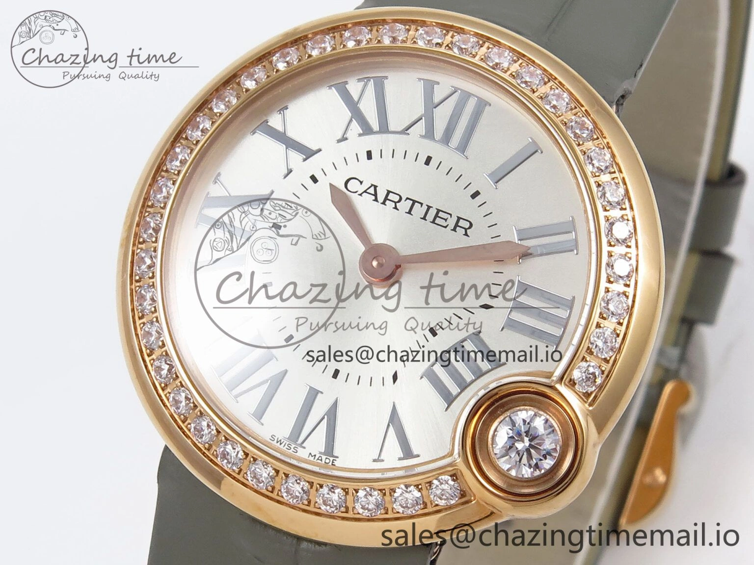 Ballon Blanc De Cartier 30mm RG AF 1:1 Best Edition Silvered Dial Diamonds Bezel on Green Leather Strap Ronda Quartz Versatile 5860