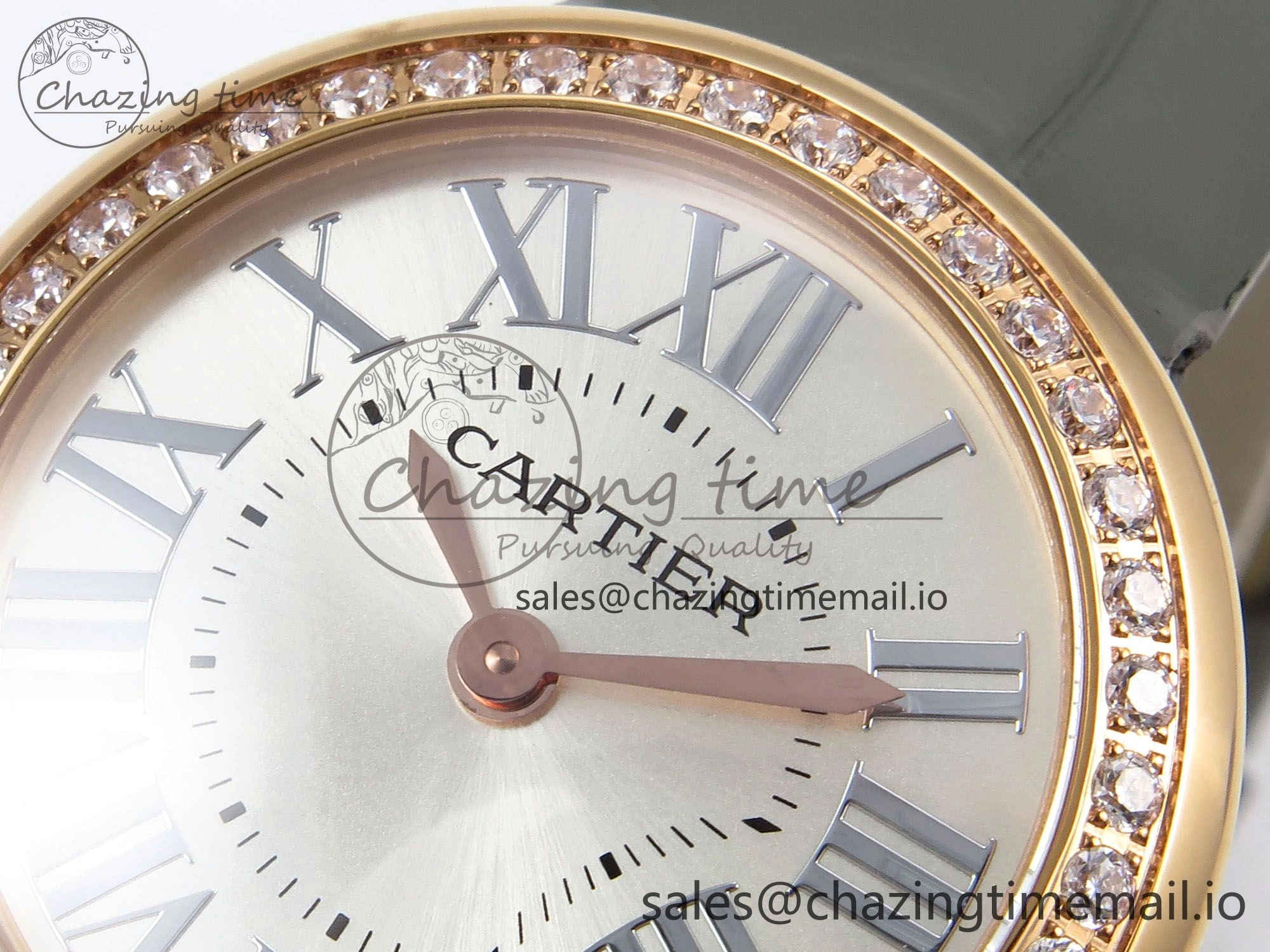 Ballon Blanc De Cartier 30mm RG AF 1:1 Best Edition Silvered Dial Diamonds Bezel on Green Leather Strap Ronda Quartz Versatile 5860