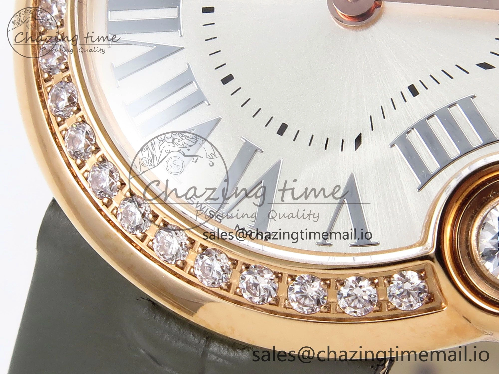 Ballon Blanc De Cartier 30mm RG AF 1:1 Best Edition Silvered Dial Diamonds Bezel on Green Leather Strap Ronda Quartz Versatile 5860