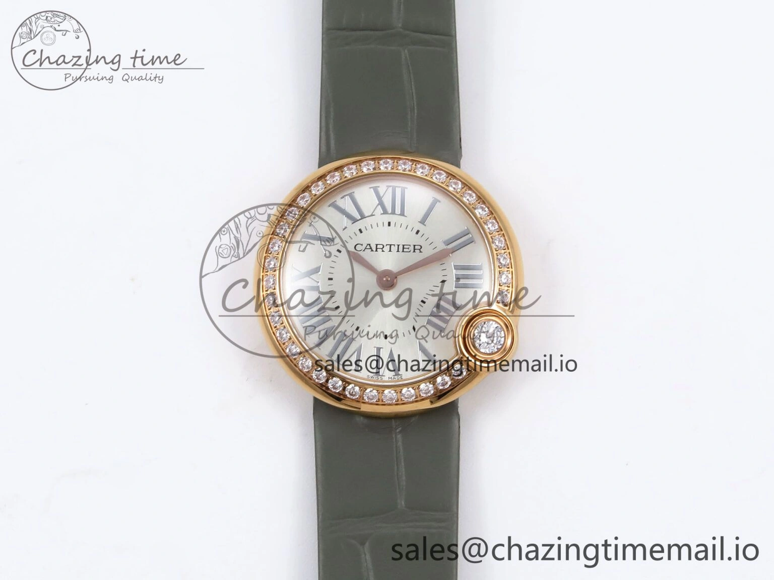 Ballon Blanc De Cartier 30mm RG AF 1:1 Best Edition Silvered Dial Diamonds Bezel on Green Leather Strap Ronda Quartz Versatile 5860