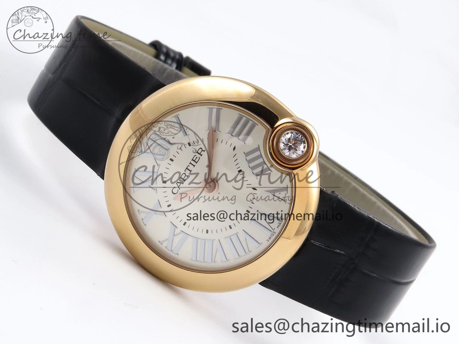 Vibrant Ballon Blanc De Cartier 30mm RG AF 1:1 Best Edition Silvered Dial on Black Leather Strap Ronda Quartz 5853