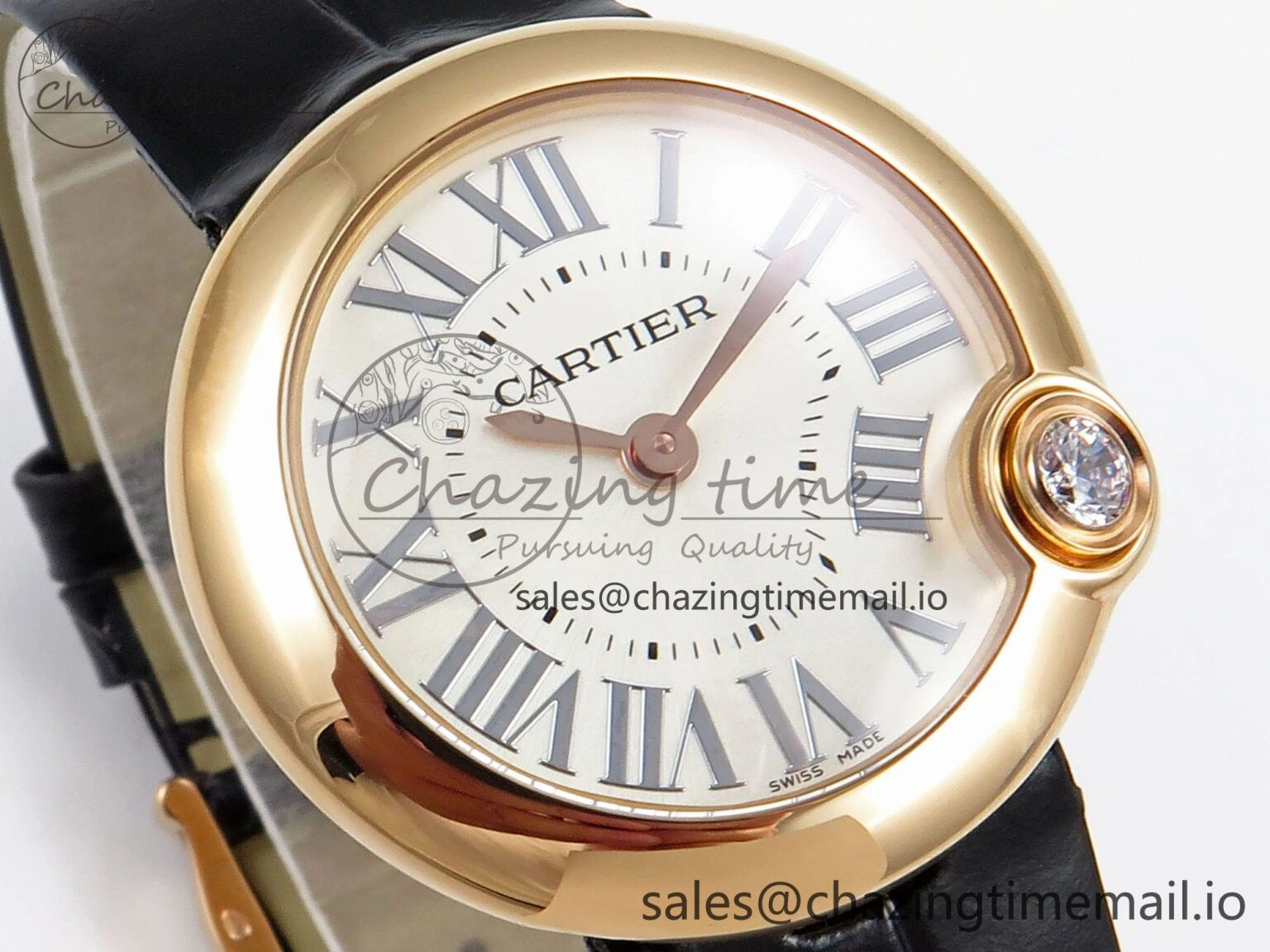 Vibrant Ballon Blanc De Cartier 30mm RG AF 1:1 Best Edition Silvered Dial on Black Leather Strap Ronda Quartz 5853