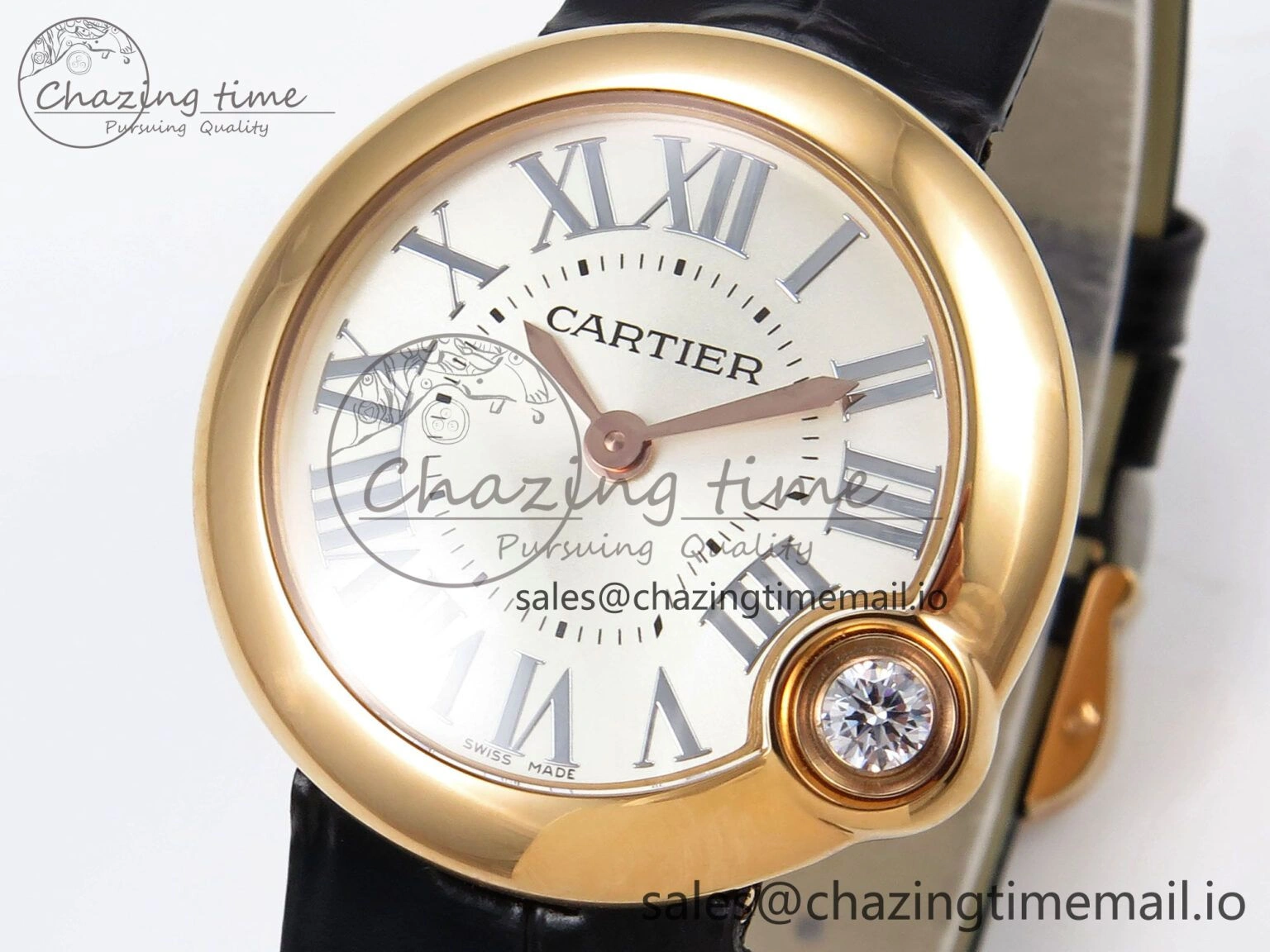 Vibrant Ballon Blanc De Cartier 30mm RG AF 1:1 Best Edition Silvered Dial on Black Leather Strap Ronda Quartz 5853