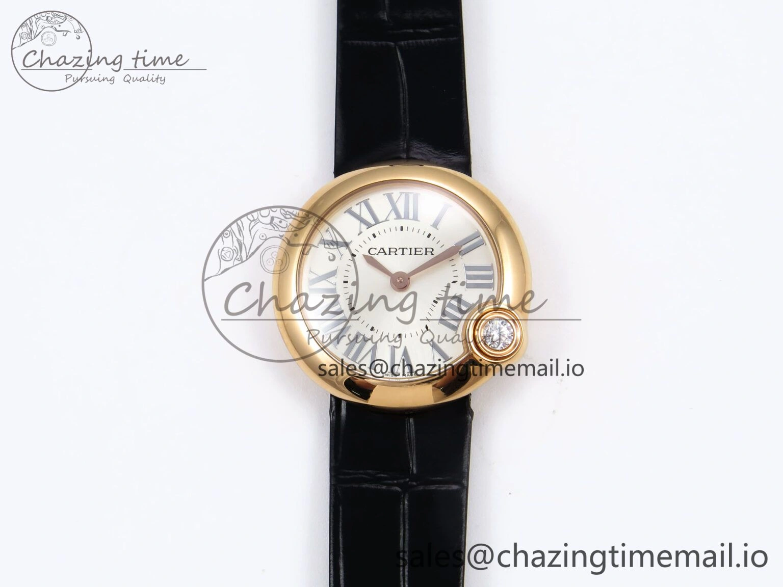 Vibrant Ballon Blanc De Cartier 30mm RG AF 1:1 Best Edition Silvered Dial on Black Leather Strap Ronda Quartz 5853