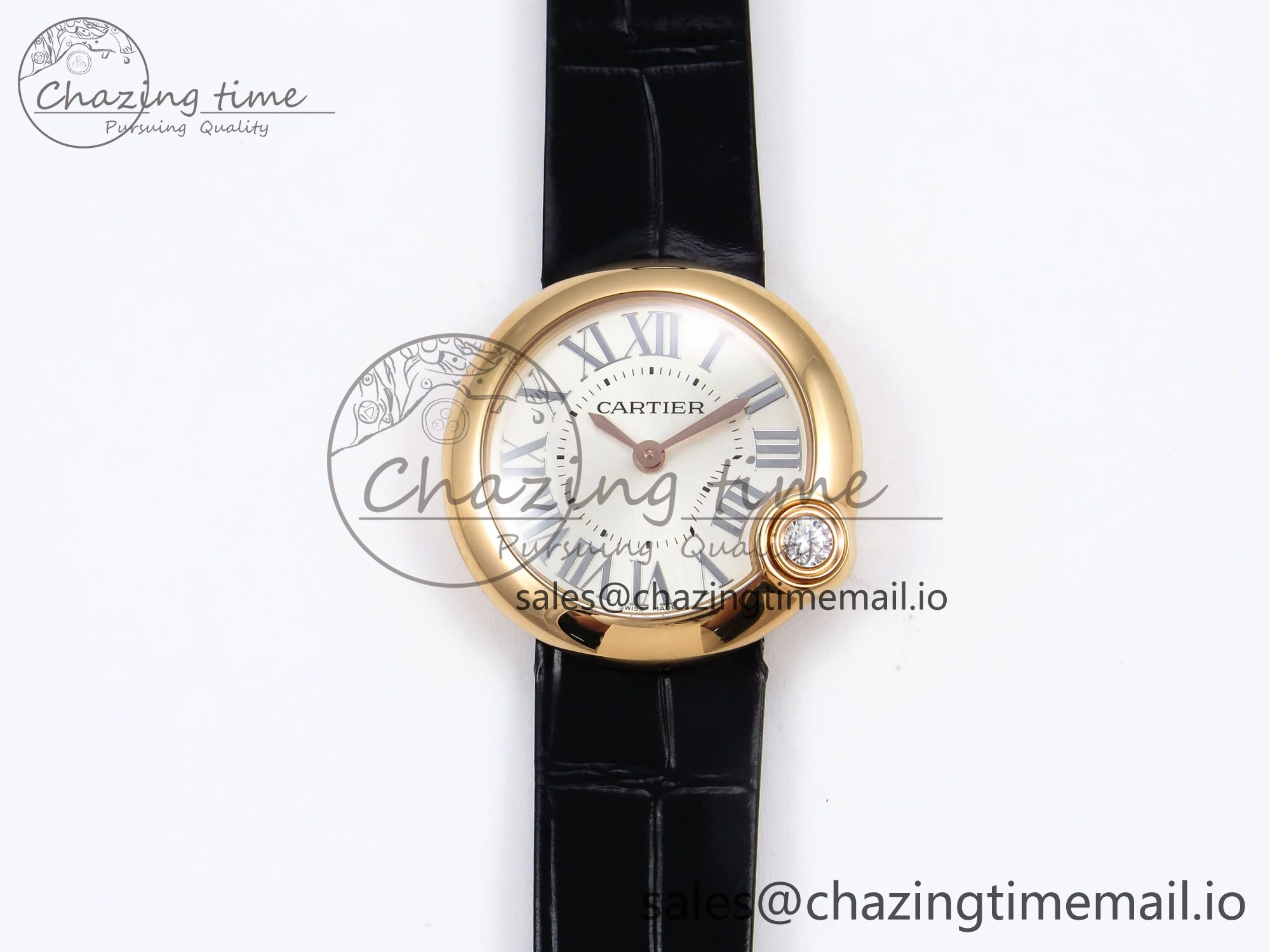 Vibrant Ballon Blanc De Cartier 30mm RG AF 1:1 Best Edition Silvered Dial on Black Leather Strap Ronda Quartz 5853