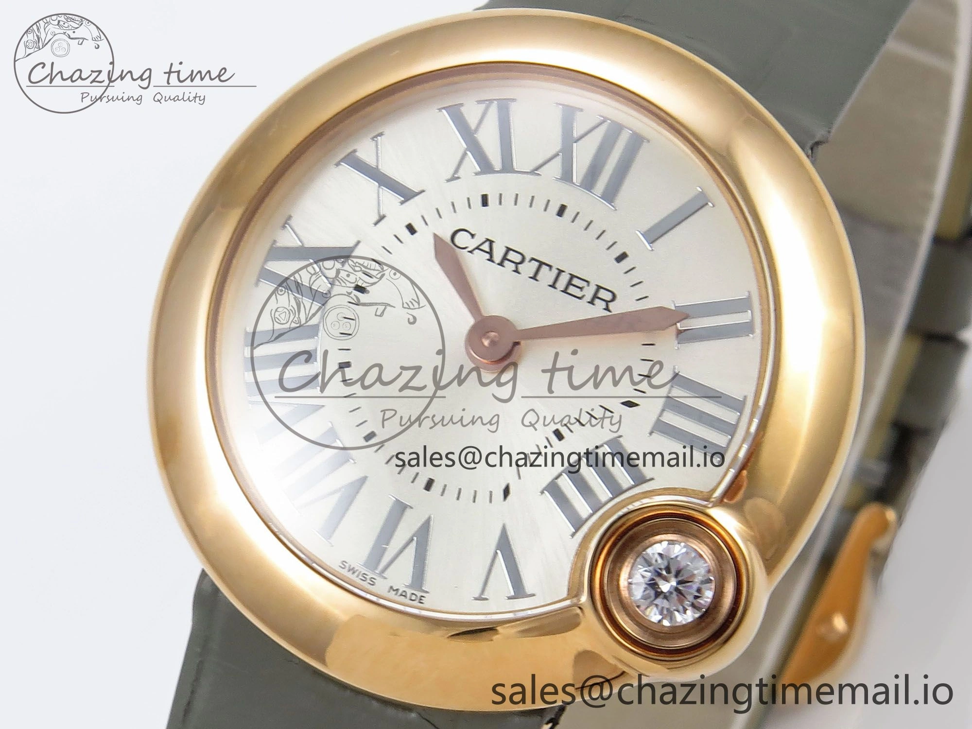 Ballon Blanc De Cartier 30mm RG AF 1:1 Best Edition Silvered Dial on Green Leather Strap Ronda Quartz Bold 5858