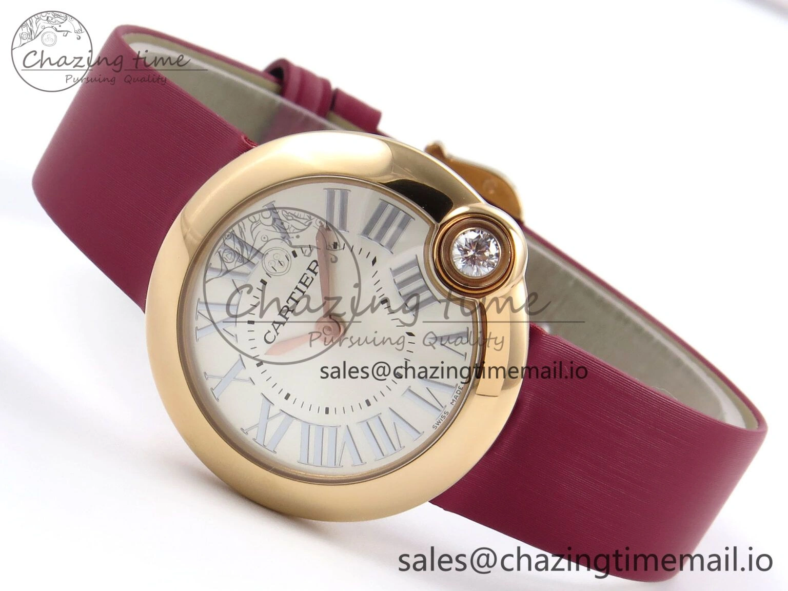Ballon Blanc De Cartier 30mm RG AF 1:1 Best Edition Silvered Dial on Red Fabric Strap Ronda Quartz Effortless 5859