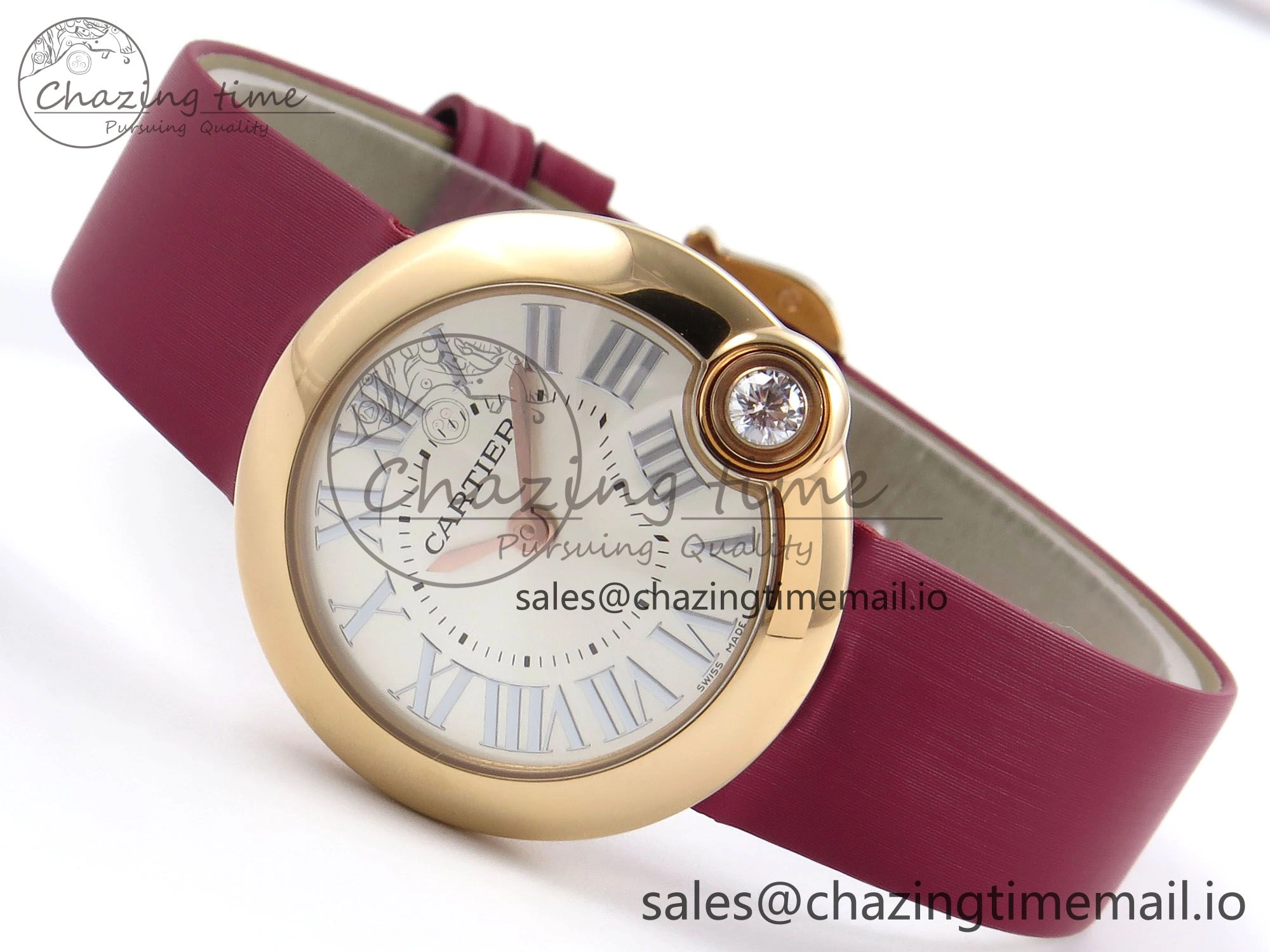Ballon Blanc De Cartier 30mm RG AF 1:1 Best Edition Silvered Dial on Red Fabric Strap Ronda Quartz Effortless 5859