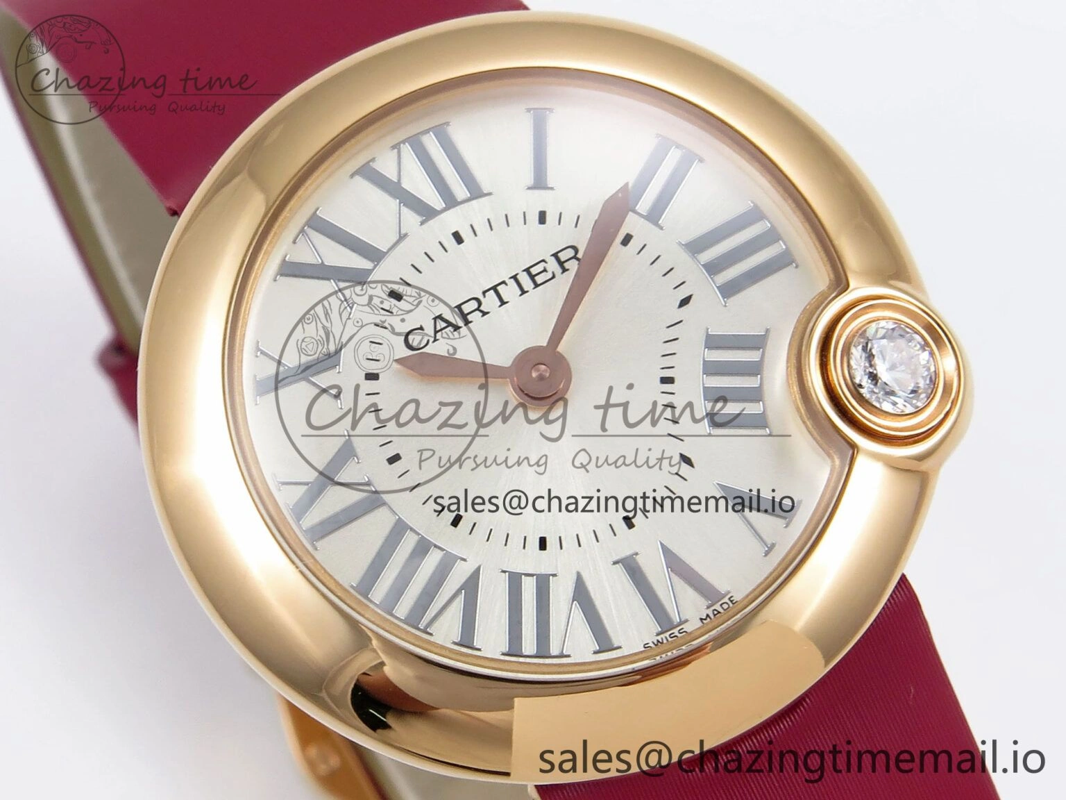 Ballon Blanc De Cartier 30mm RG AF 1:1 Best Edition Silvered Dial on Red Fabric Strap Ronda Quartz Effortless 5859