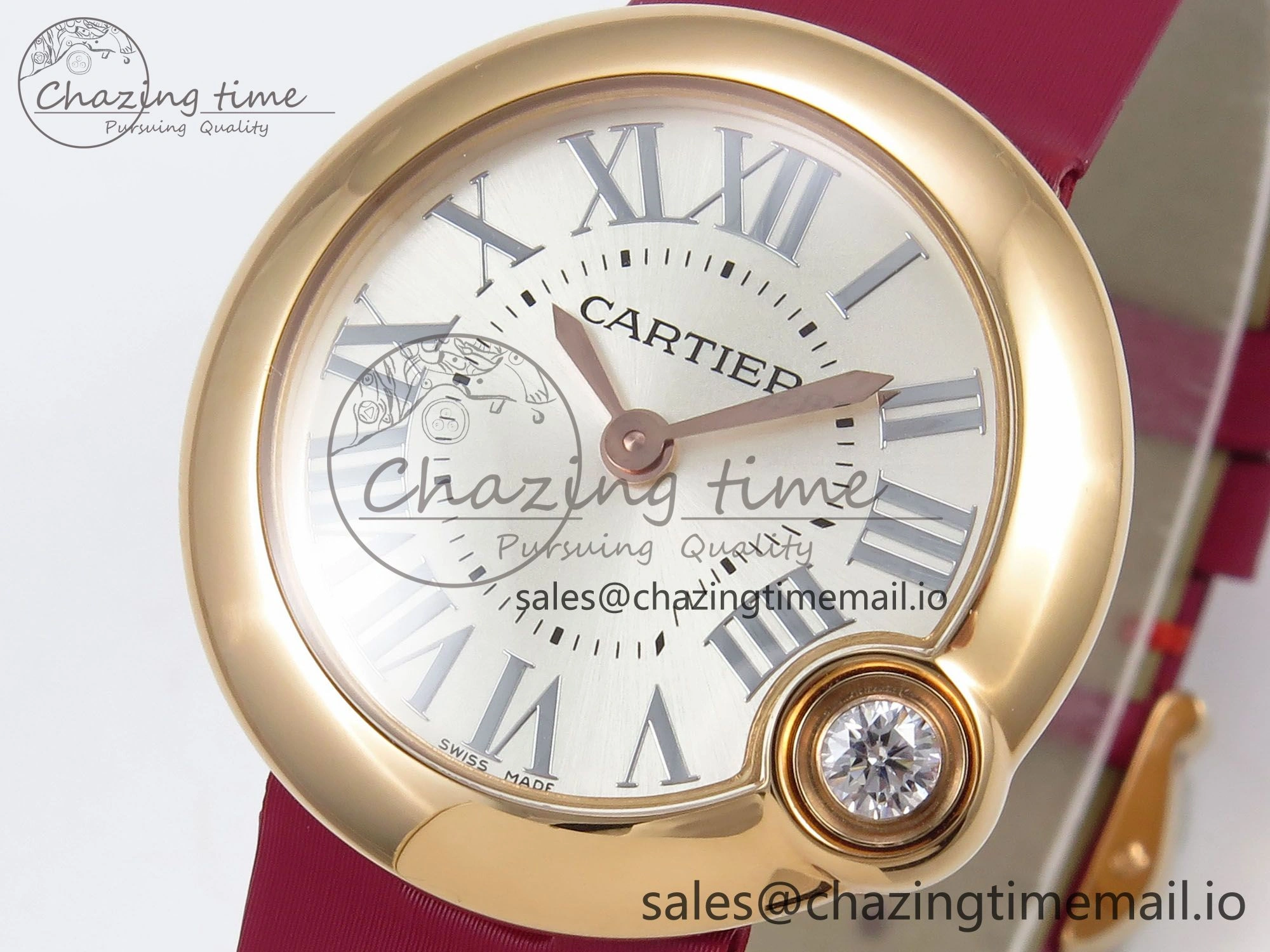 Ballon Blanc De Cartier 30mm RG AF 1:1 Best Edition Silvered Dial on Red Fabric Strap Ronda Quartz Effortless 5859