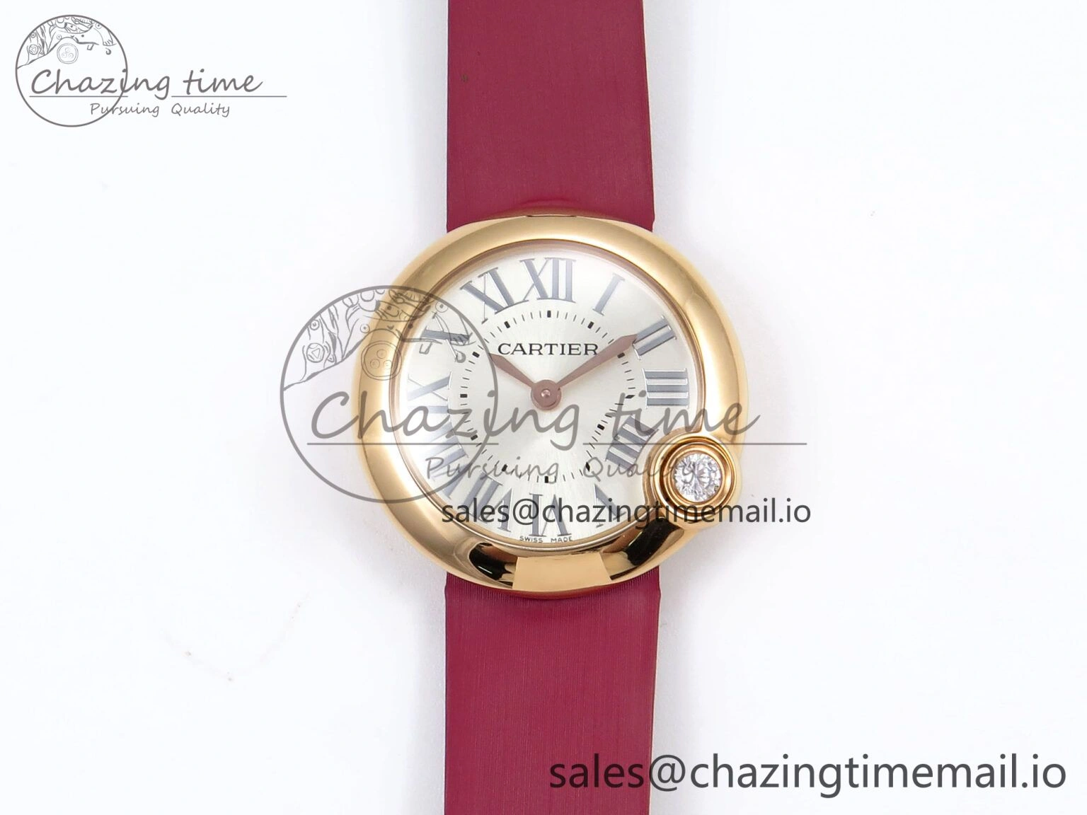 Ballon Blanc De Cartier 30mm RG AF 1:1 Best Edition Silvered Dial on Red Fabric Strap Ronda Quartz Effortless 5859