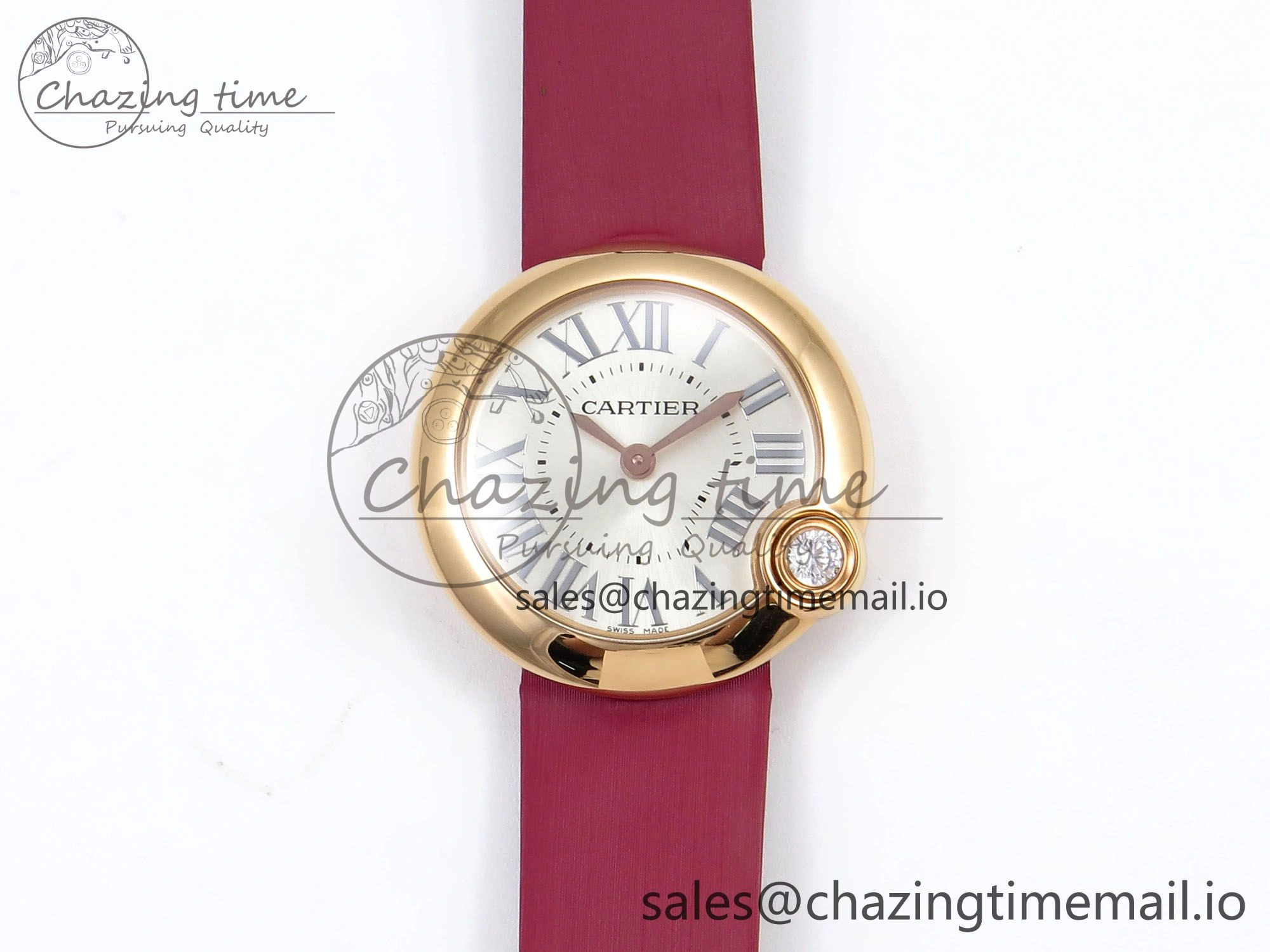 Ballon Blanc De Cartier 30mm RG AF 1:1 Best Edition Silvered Dial on Red Fabric Strap Ronda Quartz Effortless 5859