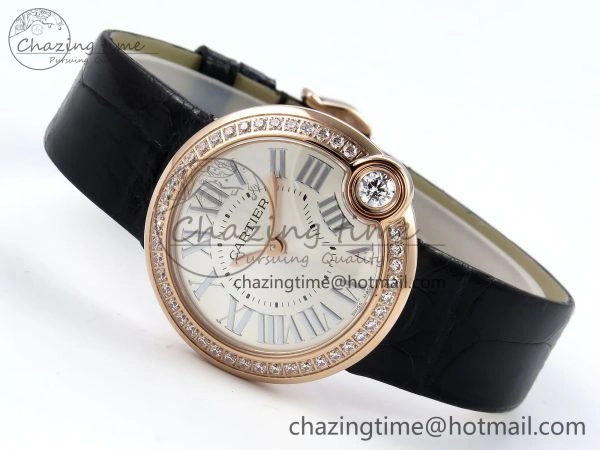 Youthful Ballon Blanc De Cartier 30mm RG DRF 1:1 Best Edition Silvered Texture Dial Diamonds Bezel on Black Leather Strap Ronda Quartz 5968
