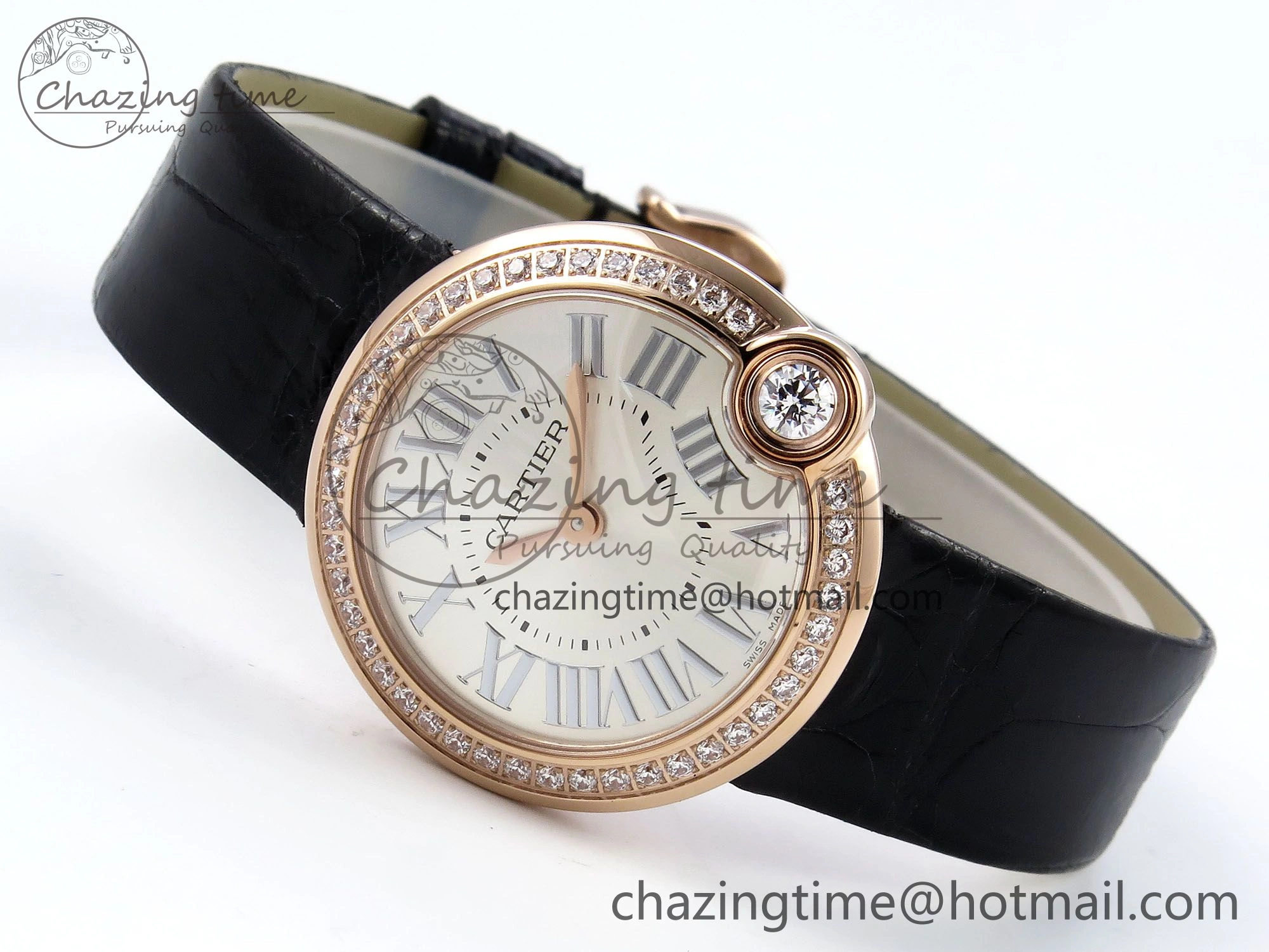 Youthful Ballon Blanc De Cartier 30mm RG DRF 1:1 Best Edition Silvered Texture Dial Diamonds Bezel on Black Leather Strap Ronda Quartz 5968