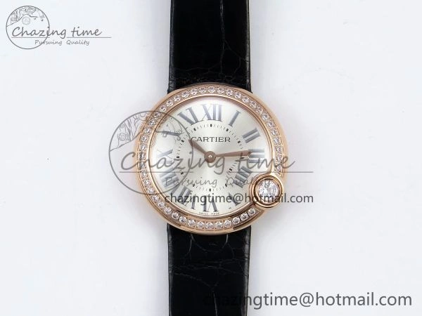 Youthful Ballon Blanc De Cartier 30mm RG DRF 1:1 Best Edition Silvered Texture Dial Diamonds Bezel on Black Leather Strap Ronda Quartz 5968