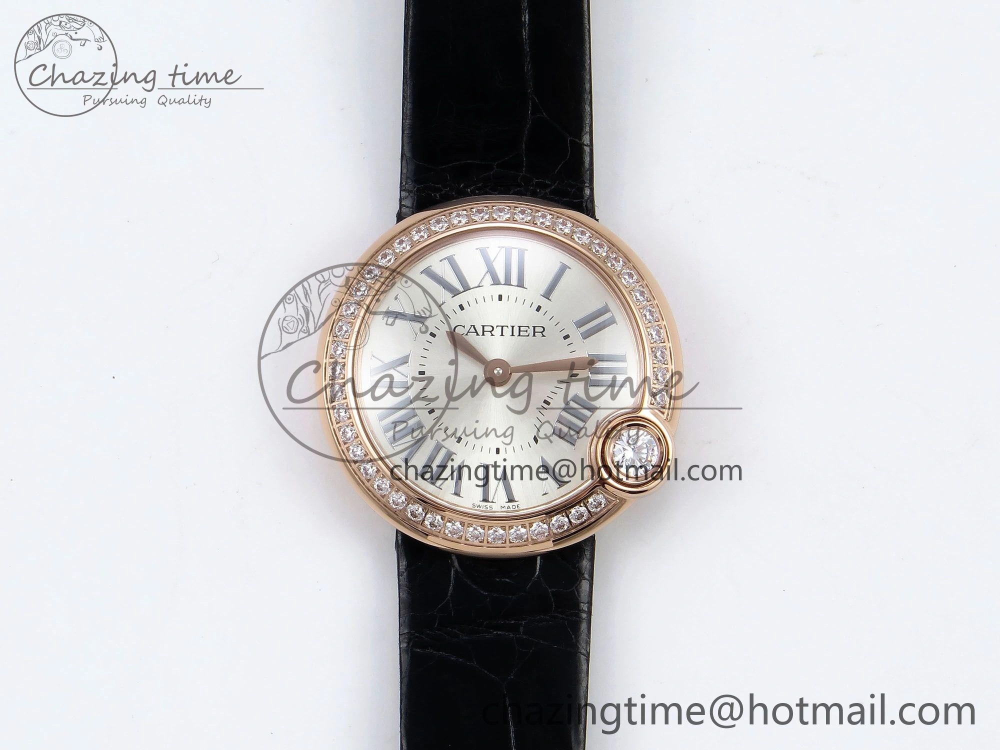 Youthful Ballon Blanc De Cartier 30mm RG DRF 1:1 Best Edition Silvered Texture Dial Diamonds Bezel on Black Leather Strap Ronda Quartz 5968
