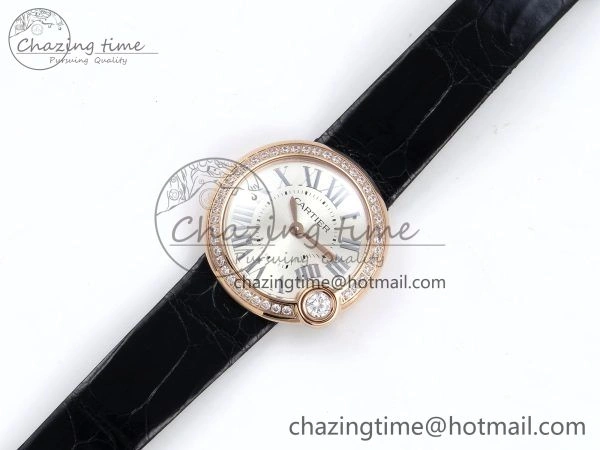 Youthful Ballon Blanc De Cartier 30mm RG DRF 1:1 Best Edition Silvered Texture Dial Diamonds Bezel on Black Leather Strap Ronda Quartz 5968