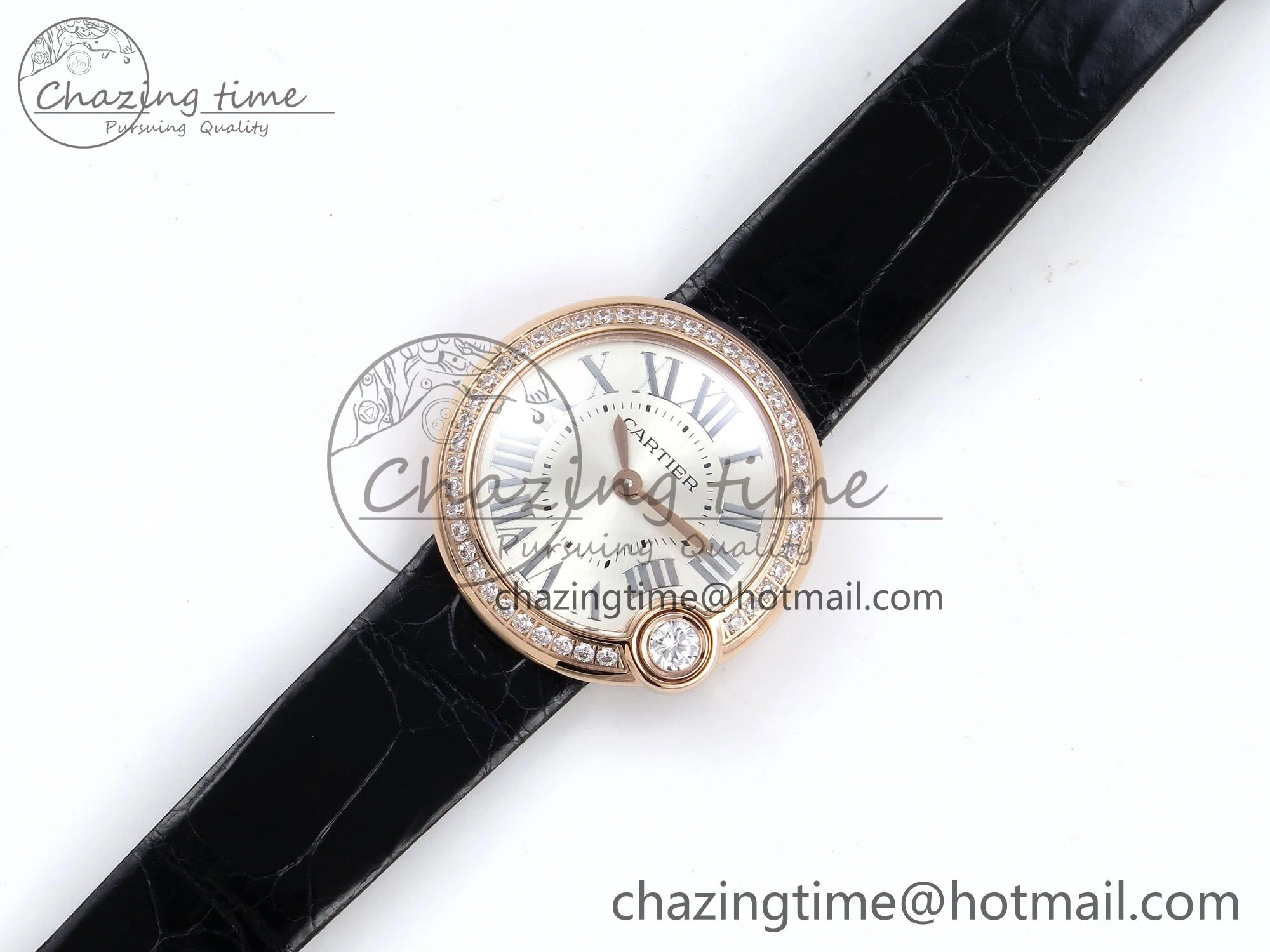 Youthful Ballon Blanc De Cartier 30mm RG DRF 1:1 Best Edition Silvered Texture Dial Diamonds Bezel on Black Leather Strap Ronda Quartz 5968