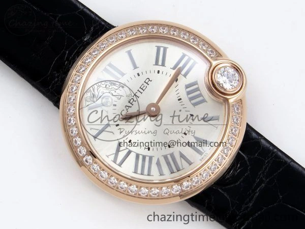 Youthful Ballon Blanc De Cartier 30mm RG DRF 1:1 Best Edition Silvered Texture Dial Diamonds Bezel on Black Leather Strap Ronda Quartz 5968