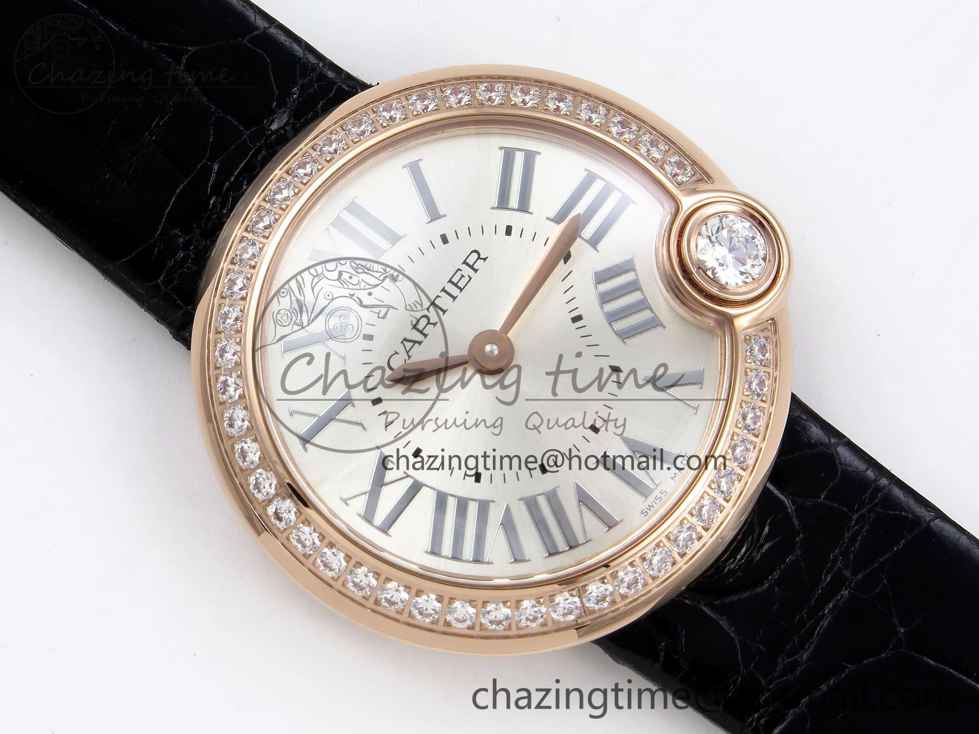 Youthful Ballon Blanc De Cartier 30mm RG DRF 1:1 Best Edition Silvered Texture Dial Diamonds Bezel on Black Leather Strap Ronda Quartz 5968