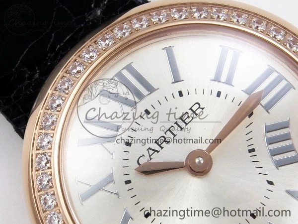 Youthful Ballon Blanc De Cartier 30mm RG DRF 1:1 Best Edition Silvered Texture Dial Diamonds Bezel on Black Leather Strap Ronda Quartz 5968