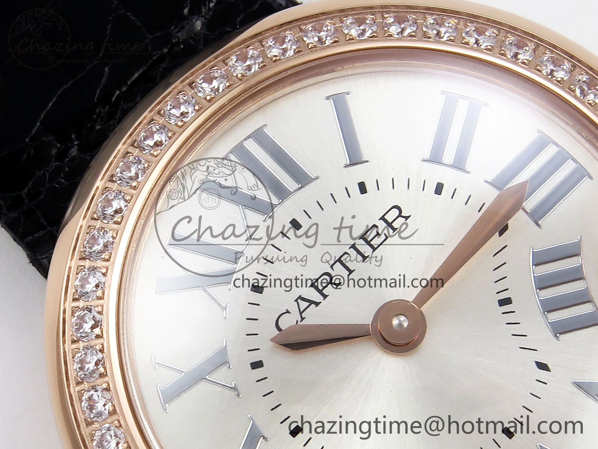 Youthful Ballon Blanc De Cartier 30mm RG DRF 1:1 Best Edition Silvered Texture Dial Diamonds Bezel on Black Leather Strap Ronda Quartz 5968