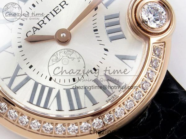 Youthful Ballon Blanc De Cartier 30mm RG DRF 1:1 Best Edition Silvered Texture Dial Diamonds Bezel on Black Leather Strap Ronda Quartz 5968