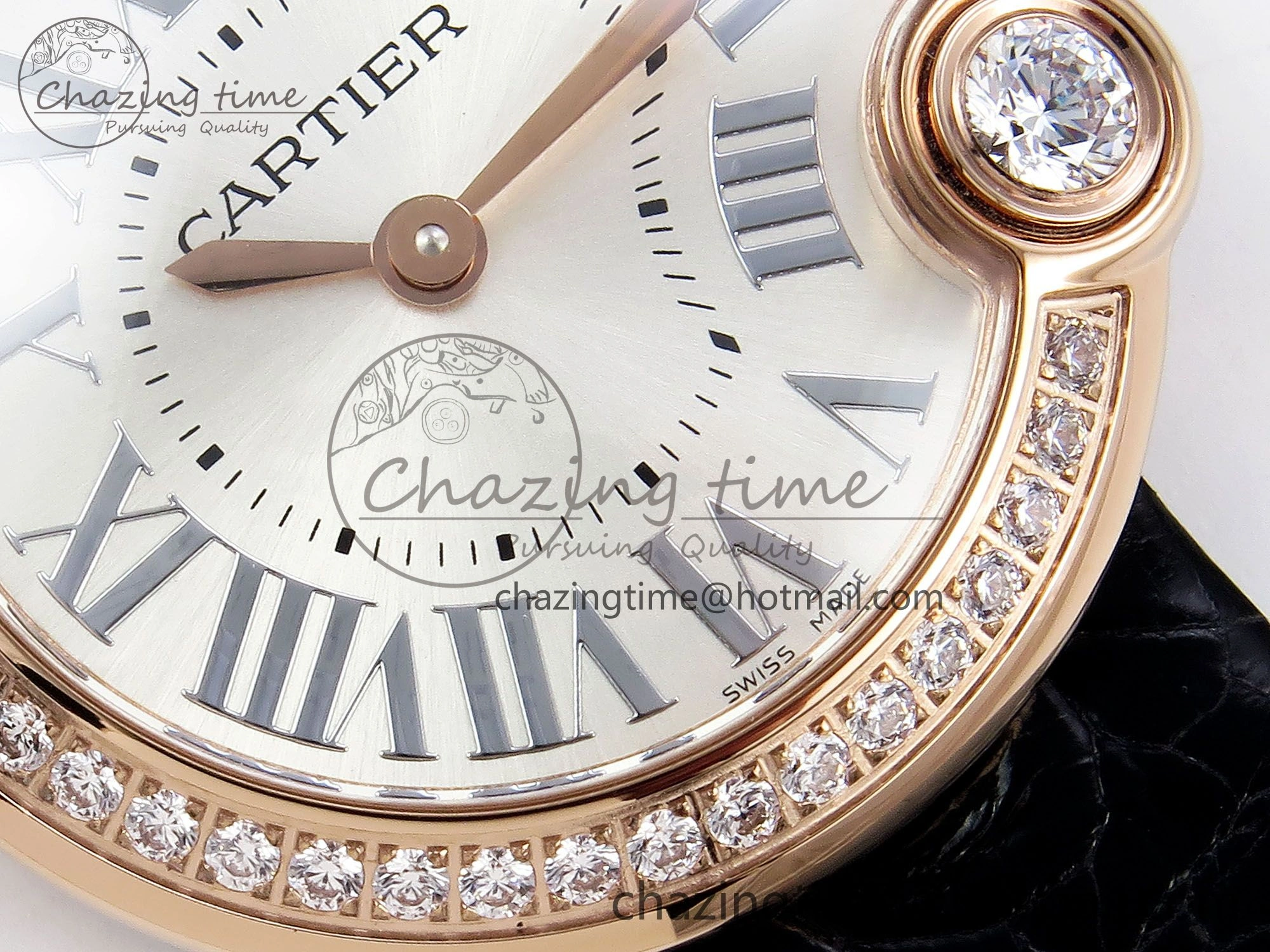 Youthful Ballon Blanc De Cartier 30mm RG DRF 1:1 Best Edition Silvered Texture Dial Diamonds Bezel on Black Leather Strap Ronda Quartz 5968