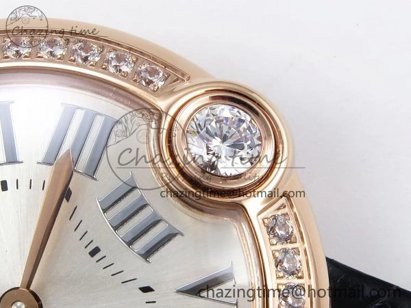 Youthful Ballon Blanc De Cartier 30mm RG DRF 1:1 Best Edition Silvered Texture Dial Diamonds Bezel on Black Leather Strap Ronda Quartz 5968