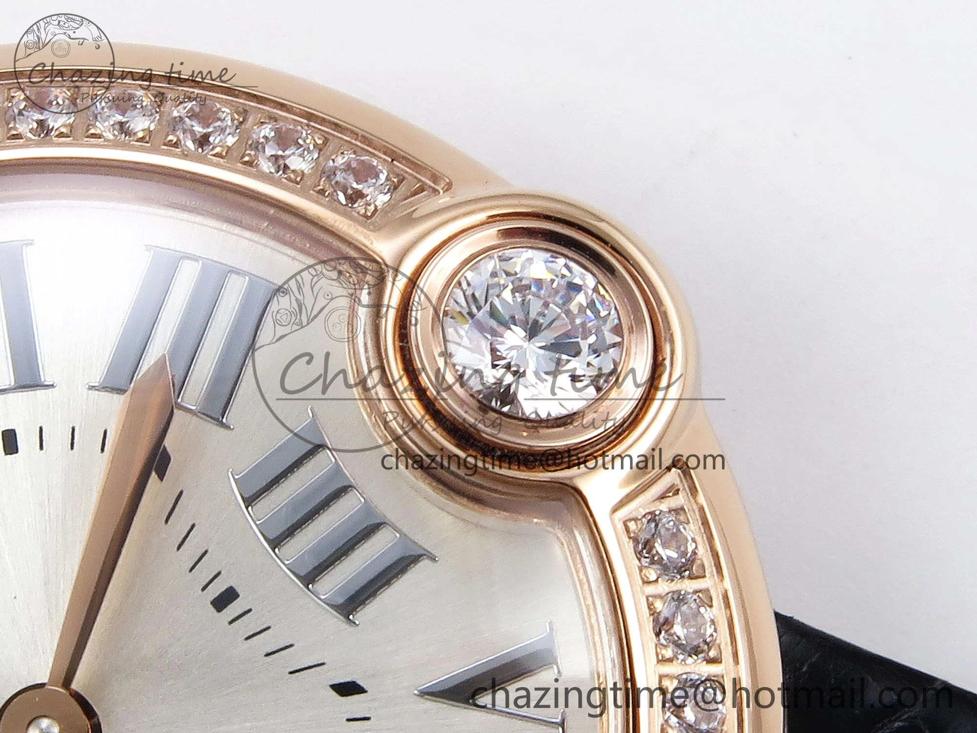 Youthful Ballon Blanc De Cartier 30mm RG DRF 1:1 Best Edition Silvered Texture Dial Diamonds Bezel on Black Leather Strap Ronda Quartz 5968