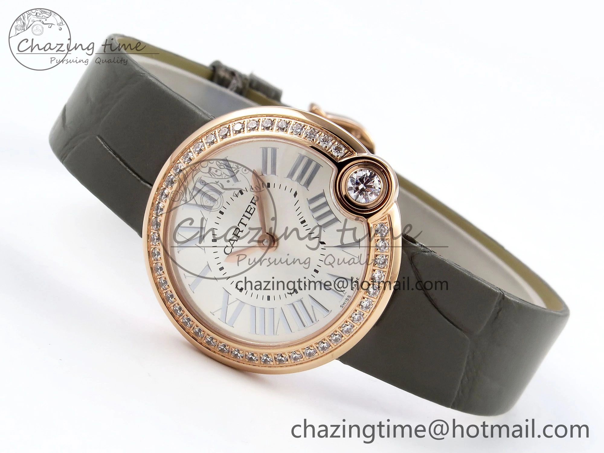 Ballon Blanc De Cartier 30mm RG DRF 1:1 Best Edition Silvered Texture Dial Diamonds Bezel on Green Leather Strap Ronda Quartz ModernLook 5966