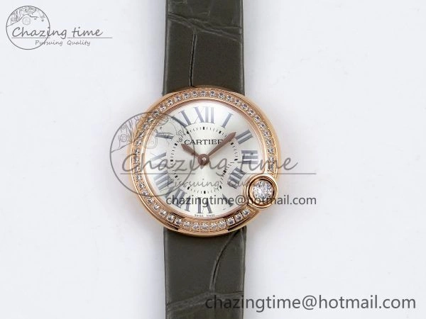 Ballon Blanc De Cartier 30mm RG DRF 1:1 Best Edition Silvered Texture Dial Diamonds Bezel on Green Leather Strap Ronda Quartz ModernLook 5966