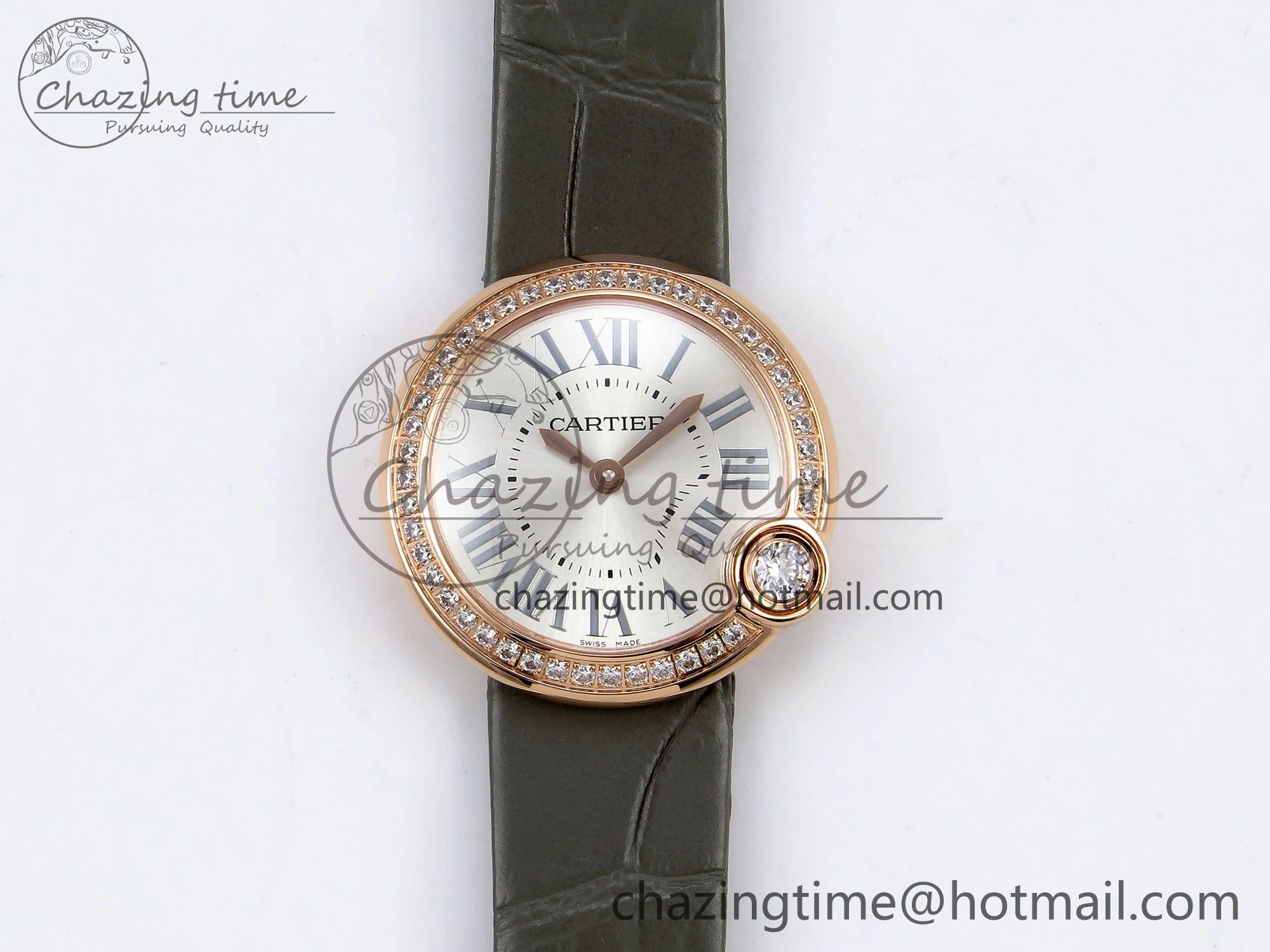 Ballon Blanc De Cartier 30mm RG DRF 1:1 Best Edition Silvered Texture Dial Diamonds Bezel on Green Leather Strap Ronda Quartz ModernLook 5966
