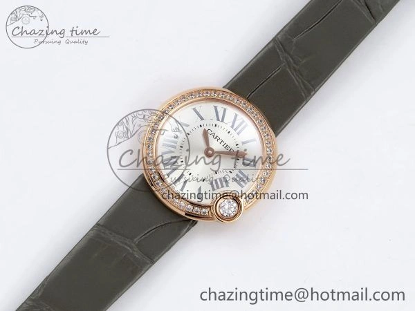 Ballon Blanc De Cartier 30mm RG DRF 1:1 Best Edition Silvered Texture Dial Diamonds Bezel on Green Leather Strap Ronda Quartz ModernLook 5966