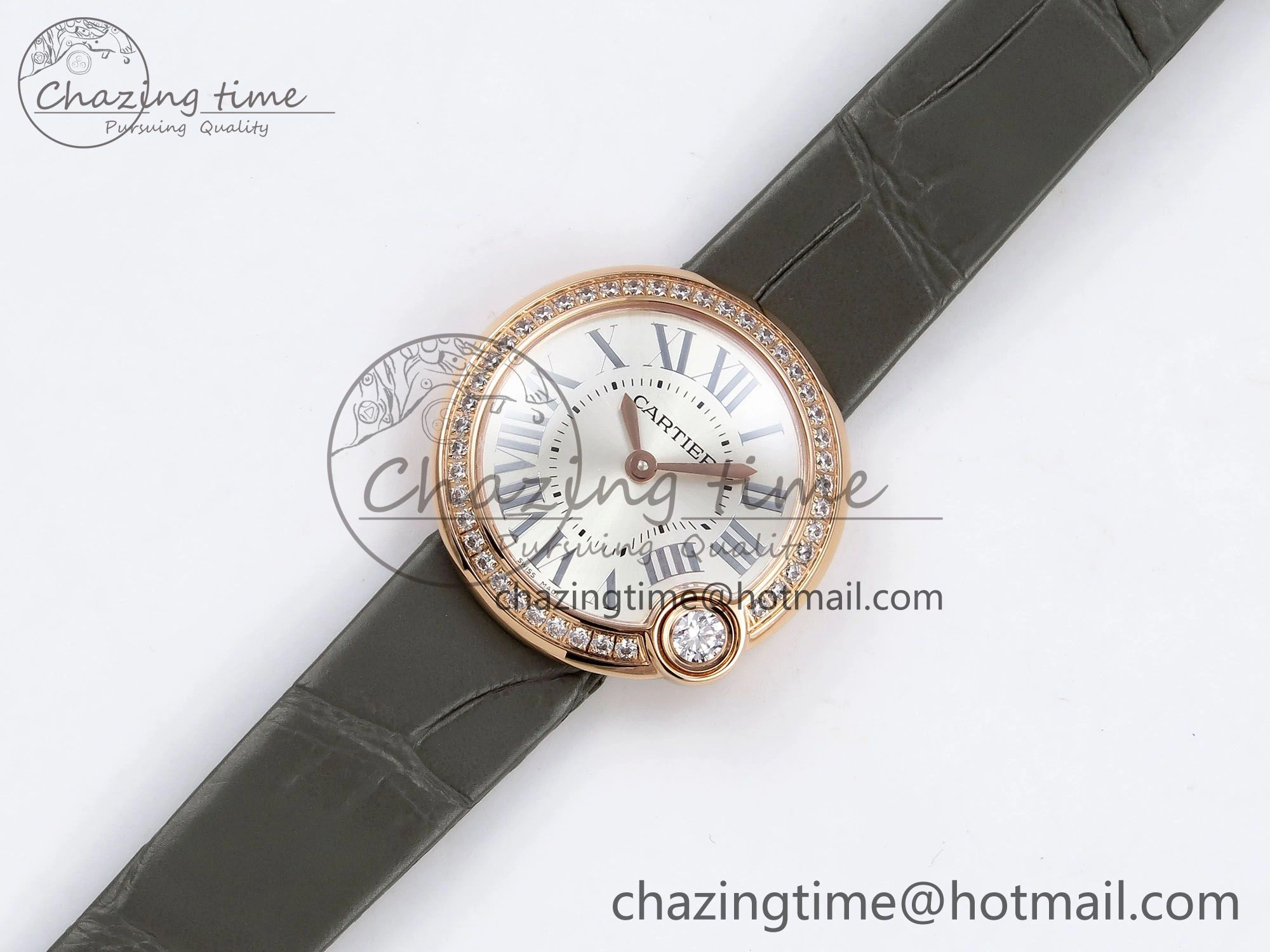 Ballon Blanc De Cartier 30mm RG DRF 1:1 Best Edition Silvered Texture Dial Diamonds Bezel on Green Leather Strap Ronda Quartz ModernLook 5966